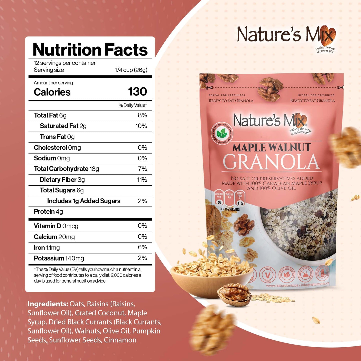 Nature's Mix - Maple Walnut Granola - Walnuts, Raisins and Currants - Sweetened with Maple Syrup - No Sugar, Salt, or Preservatives - Small Size