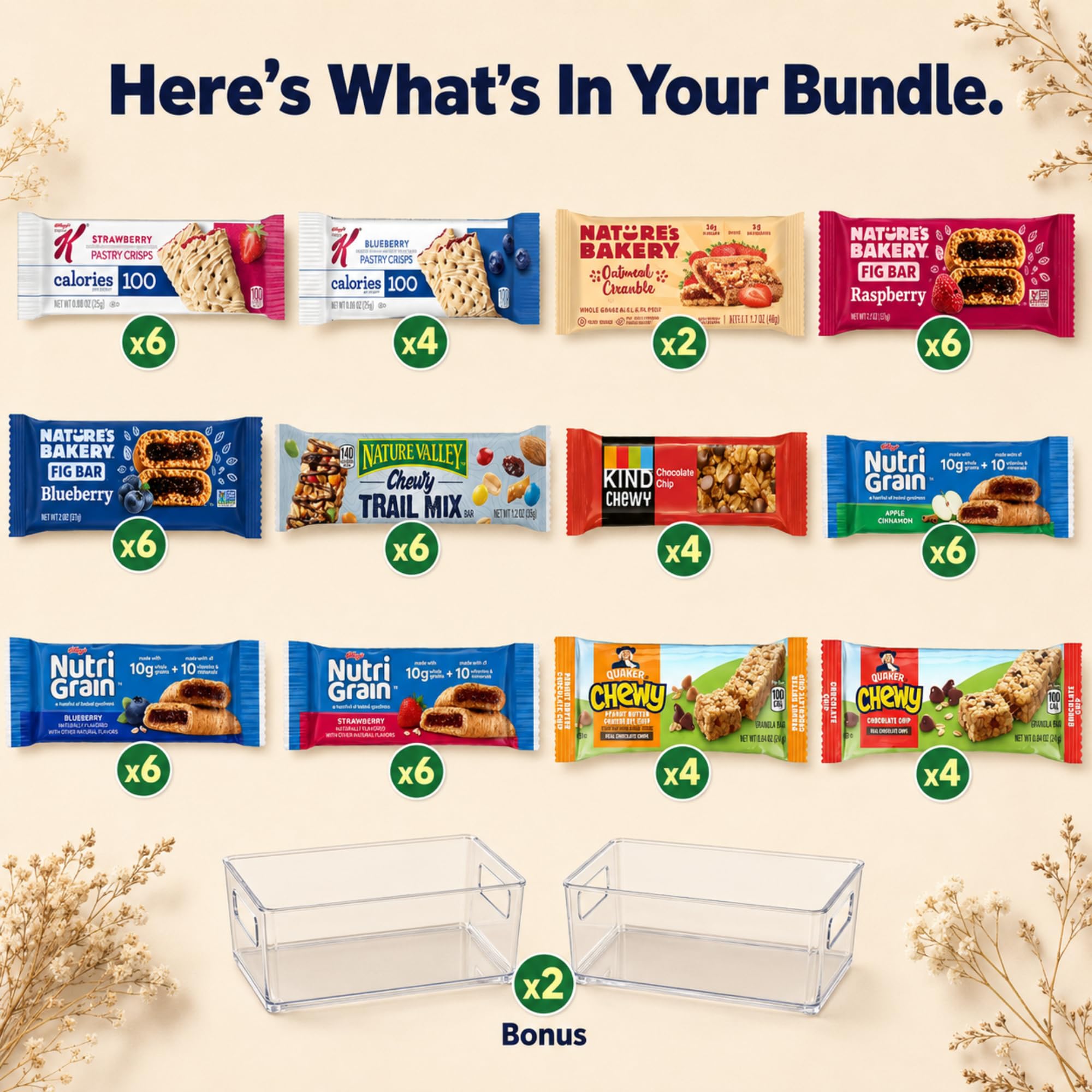 Granola Bars Bulk (60) Count Variety Pack with 2 Acrylic Storage Container, Healthy Breakfast Bars Snack Box, Assorted Chewy Oat Bars, Cereal Bars