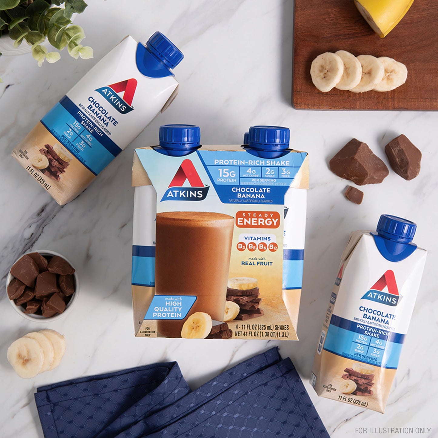 Atkins Chocolate Banana Protein Shake, 15g Protein, 5g Net Carbs, 1g Sugar, Low Carb, High Protein Shake, Banana Breakfast Protein Shake, 4 Pack (11
