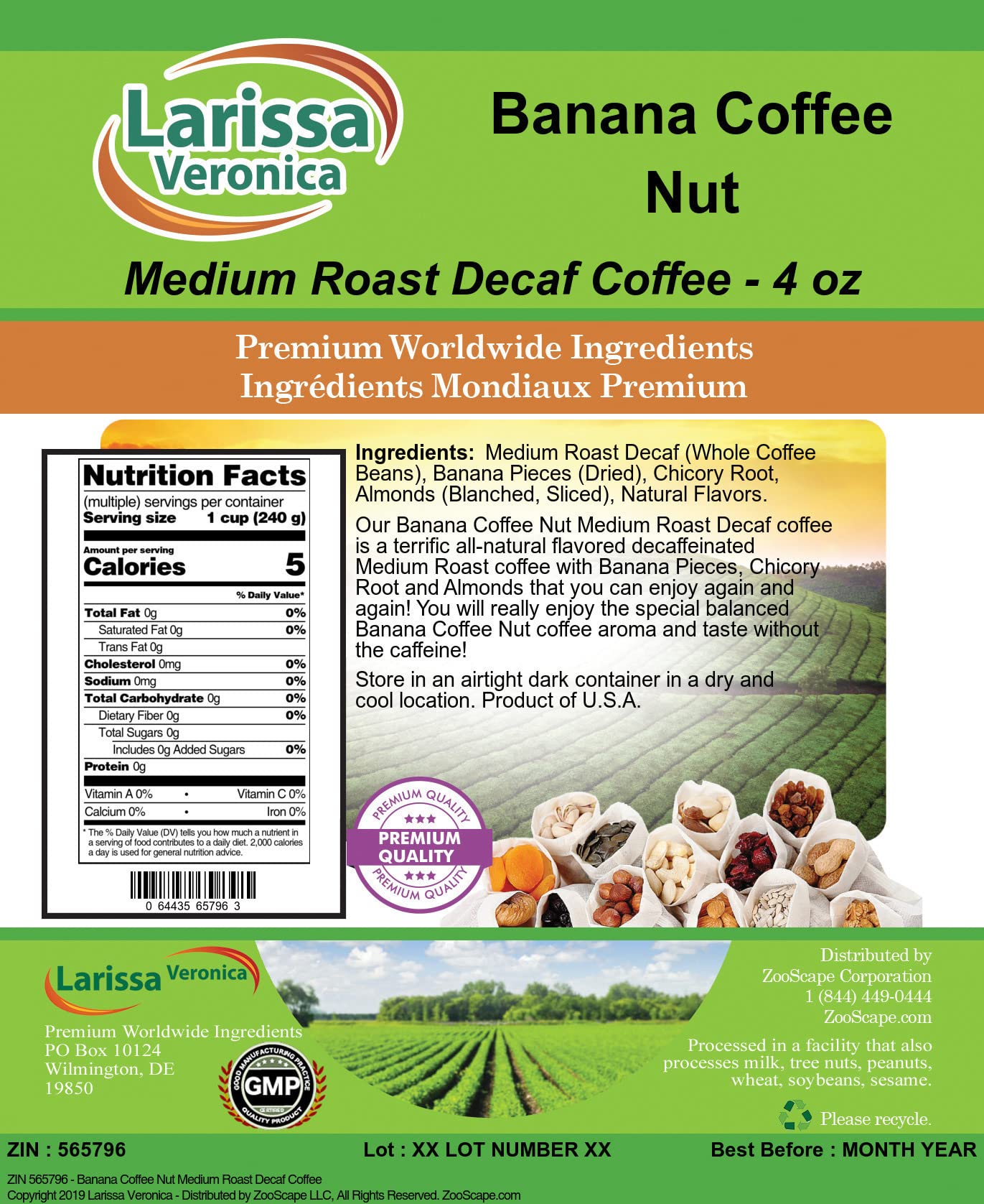 Banana Coffee Nut Medium Roast Decaf Coffee (Gourmet, Naturally Flavored, Whole Coffee Beans) (4 oz, ZIN: 565796) - 3 Pack