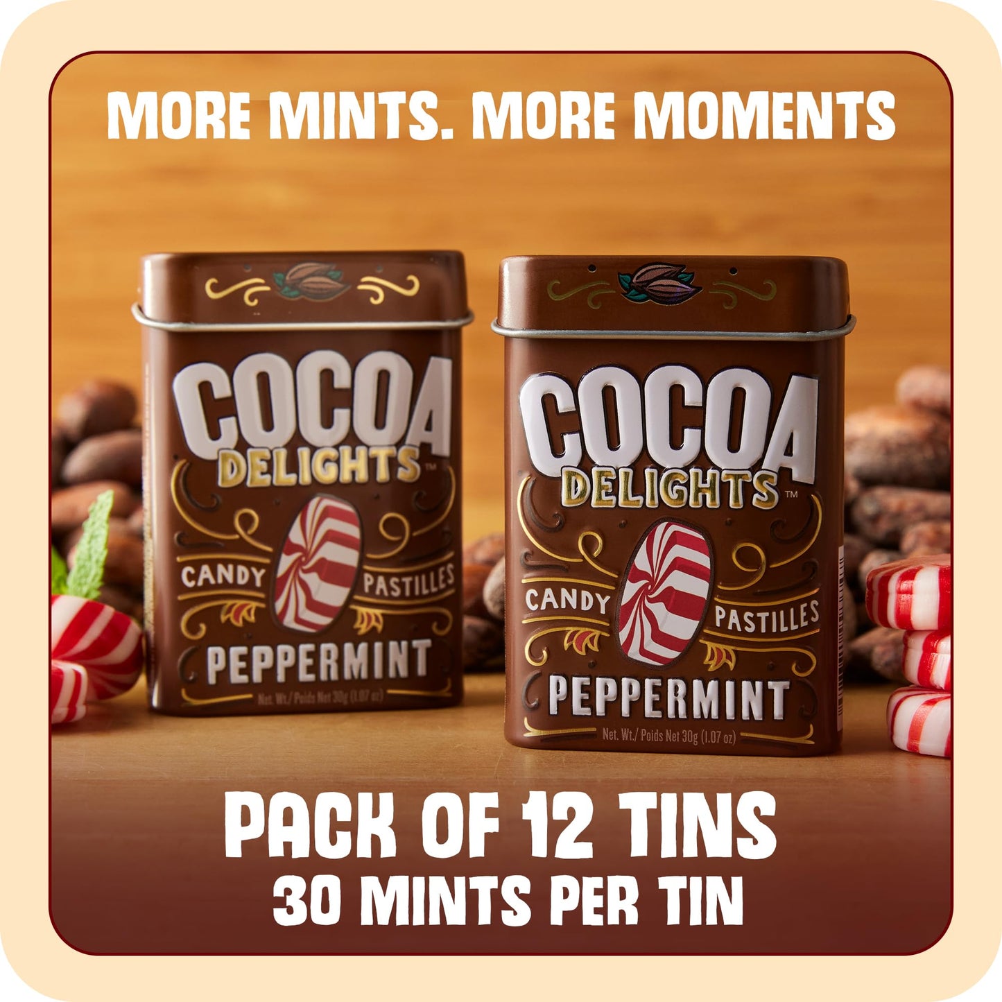 Cocoa Delights Chocolate Peppermint Candy Pastilles - 30 Count Tin (Pack of 12) | Vegan, Gluten Free & Kosher Certified | Travel Size Bulk Candy Tins