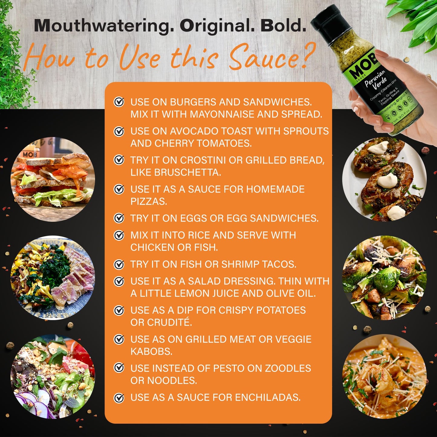 MOB Sauce Peruvian Verde - Award Winning, Creamy Cilantro Lime Taco, Grilling & Dipping Sauce that’s Vegan, Gluten-Free, Keto-Friendly with Natural
