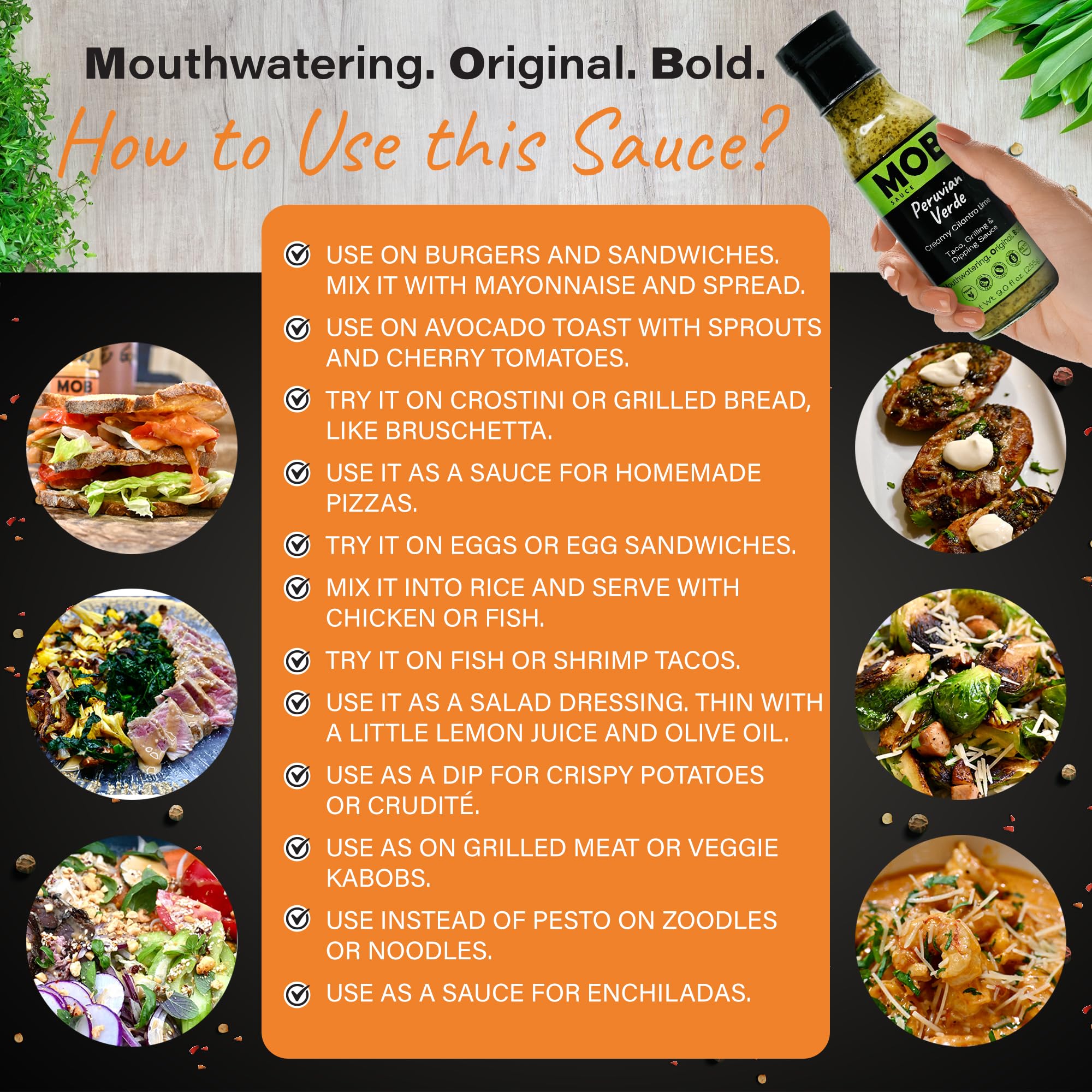 MOB Sauce Peruvian Verde - Award Winning, Creamy Cilantro Lime Taco, Grilling & Dipping Sauce that’s Vegan, Gluten-Free, Keto-Friendly with Natural