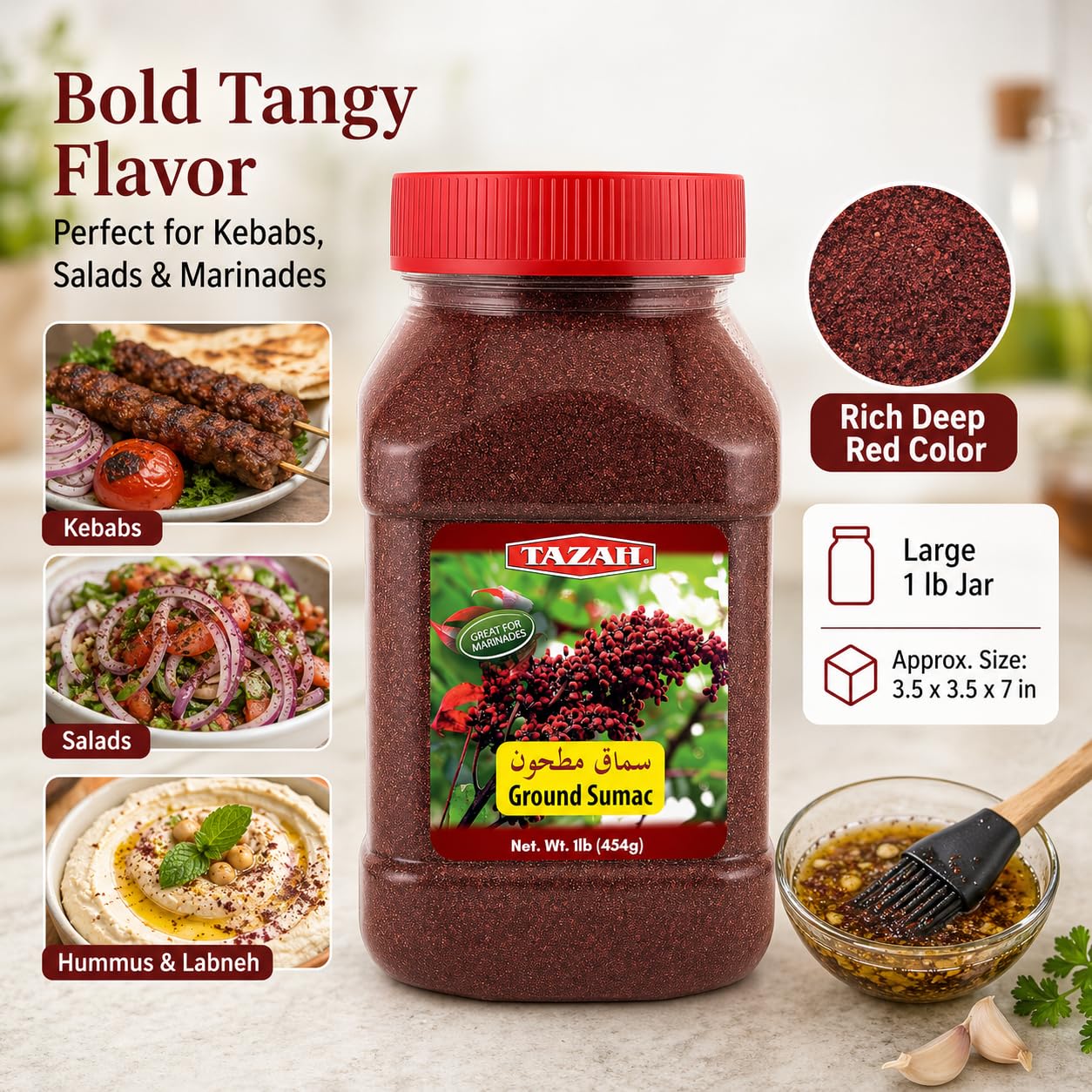 Tazah Sumac Spice 1 lb, Ground Sumac Seasoning from Jordan, Tangy Middle Eastern Spice for Mediterranean Cooking, Marinades, Kabobs, Salads and Hummus