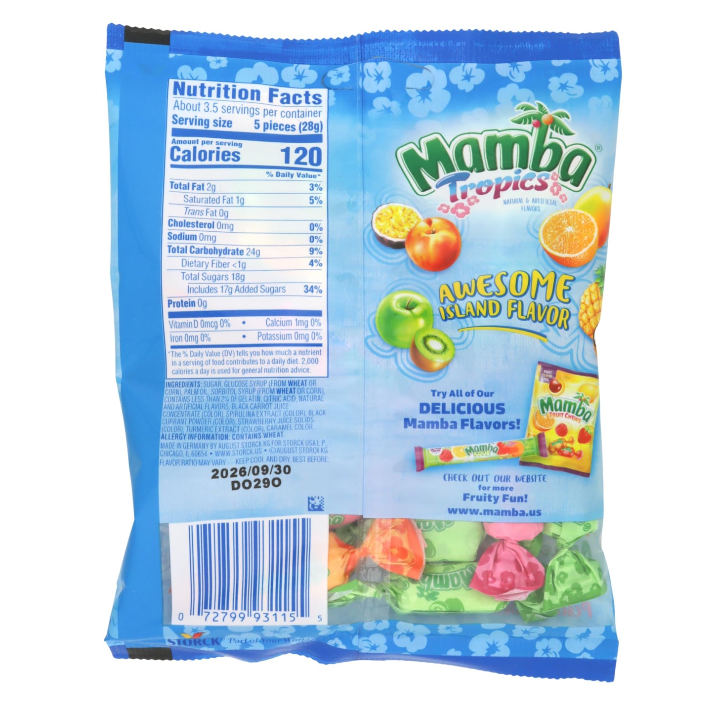 Mamba Tropics Fruit Chews, Assorted Fruity Flavor Combos, Individually Wrapped Pieces, 3.52 Ounces (Pack of 3)