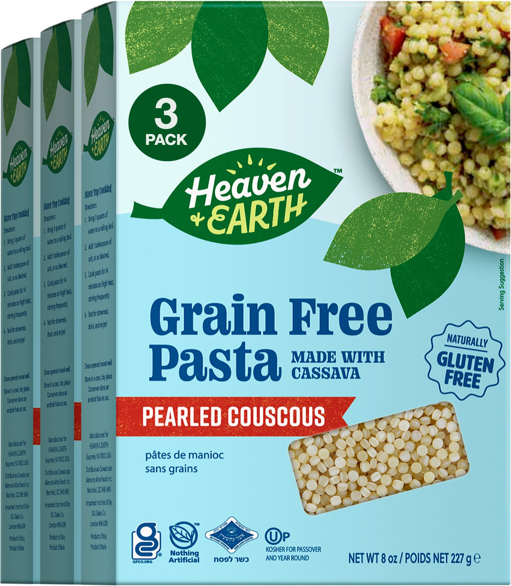 Heaven & Earth Grain Free Pasta, Cassava Pearled Couscous, 8oz (3 Pack) | Paleo Pasta | Vegan | Certified Gluten Free | Kosher for Passover