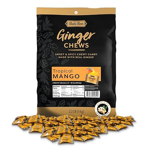 Bali's Best Ginger Chews, Tropical Mango Flavor, 250 Pieces, 2.2 Lb Bag, Individually Wrapped Soft Candy, Made with 100% Real Ginger, Digestive Health