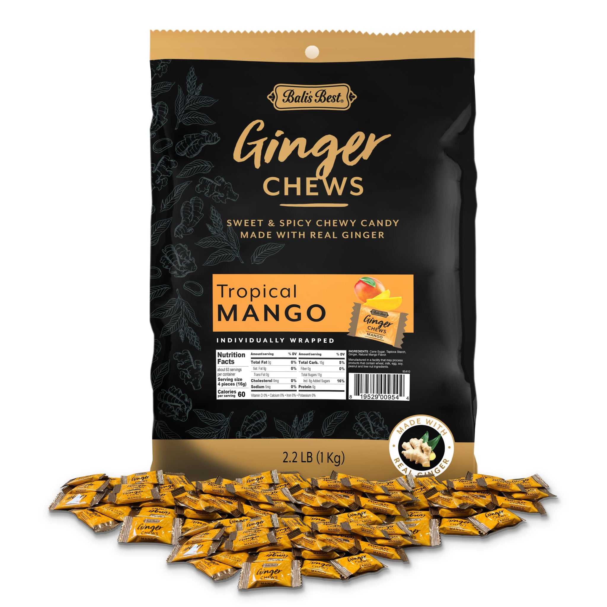 Bali's Best Ginger Chews, Tropical Mango Flavor, 250 Pieces, 2.2 Lb Bag, Individually Wrapped Soft Candy, Made with 100% Real Ginger, Digestive Health