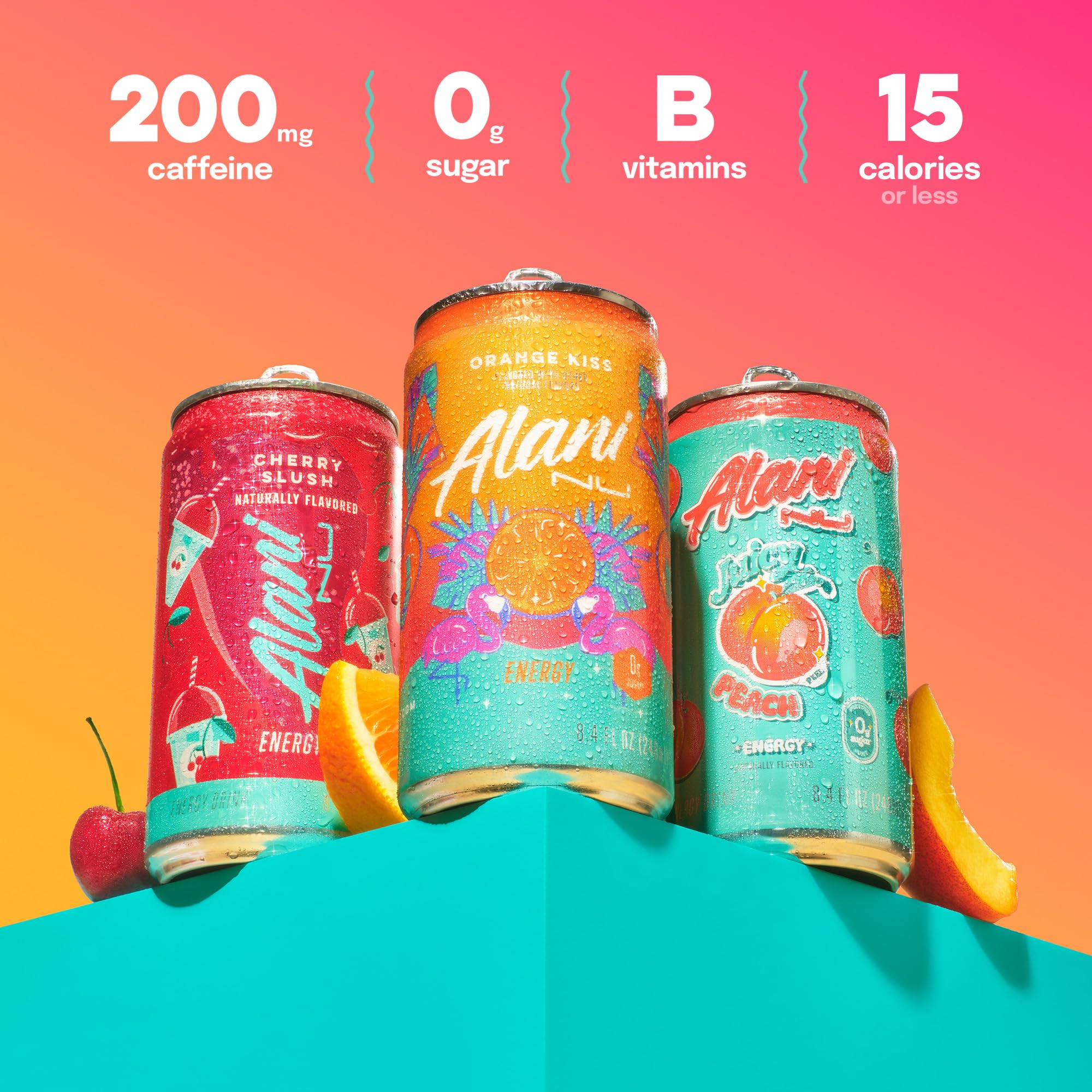 Alani Nu VARIETY PACK (CHERRY SLUSH, JUICY PEACH, ORANGE KISS), Low Calorie Energy Drinks, 100mg Caffeine, Biotin, B Vitamins, Zero Sugar, 10 Calories