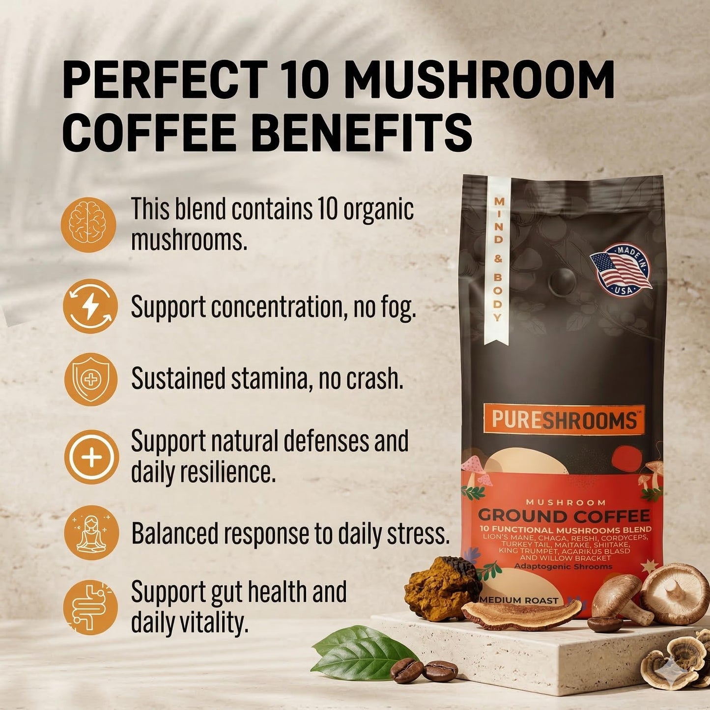 Mushroom Ground Coffee w/ 10 Organic Mushroom Extracts - King Trumpet, Agaricus Blazei, Willow Bracket, Lion's Mane, Chaga, Reishi, Cordyceps, Turkey