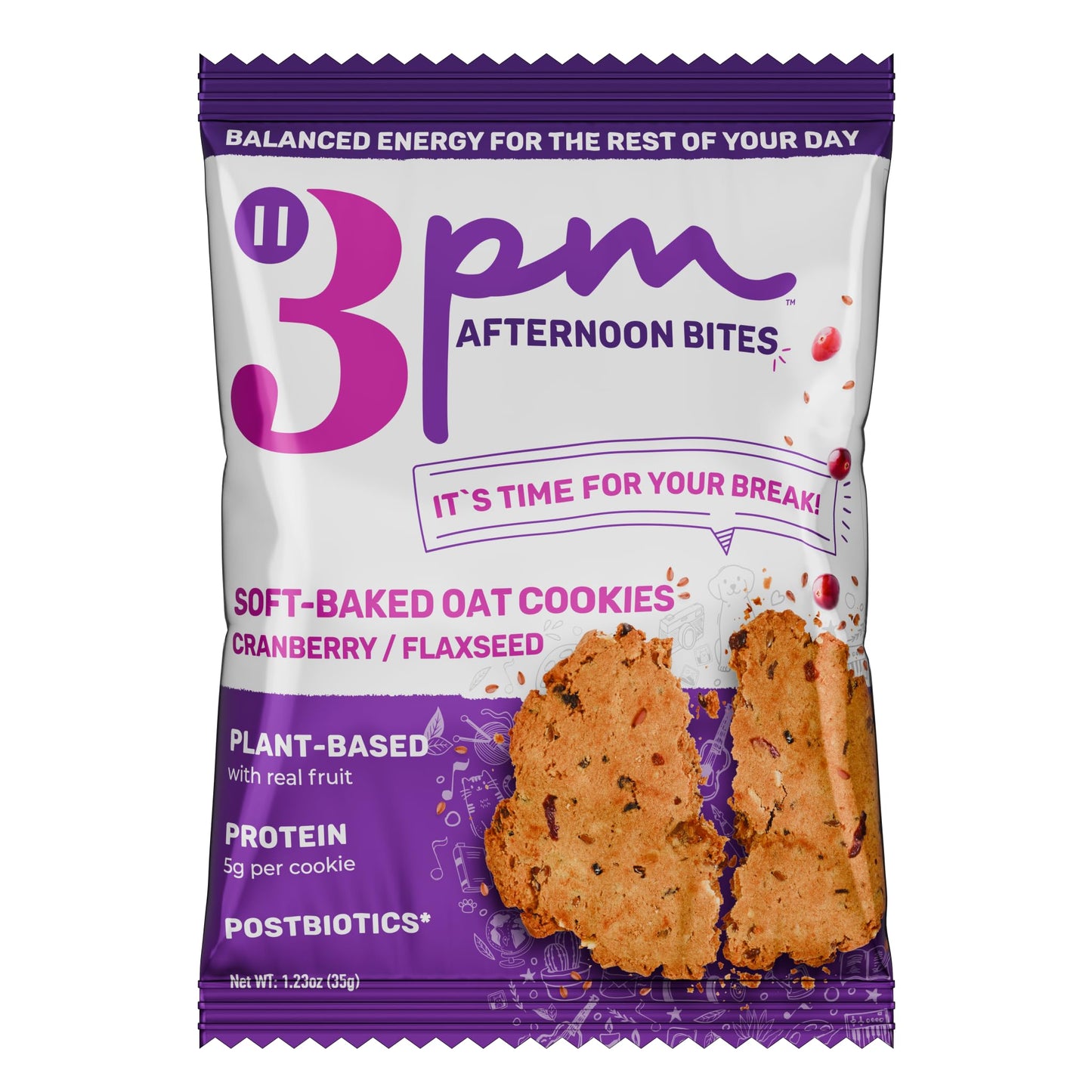 3PM Afternoon Bites Cranberry Flaxseed Functional Cookies, with Postbiotics and 5g of Protein, box of 12 individually wrapped cookies
