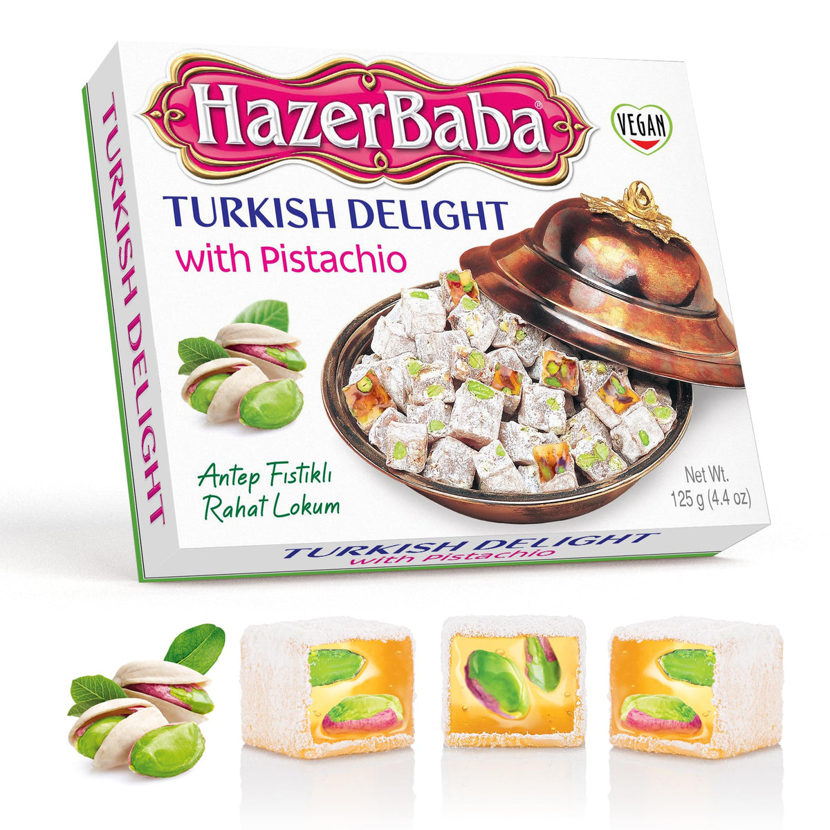 HazerBaba Turkish Delight Pistachio Candy, 4.4oz (Pack of 1), Lokum