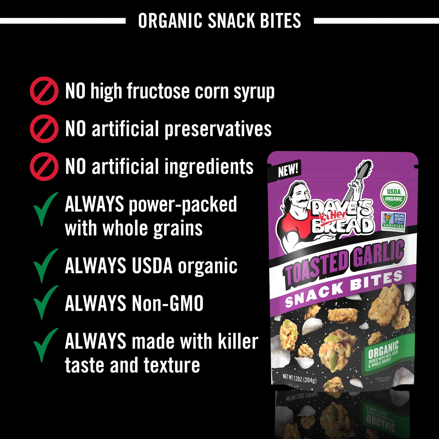 Dave's Killer Bread Toasted Garlic Organic Snack Bites, Garlic Organic Snacks, 7.2 oz