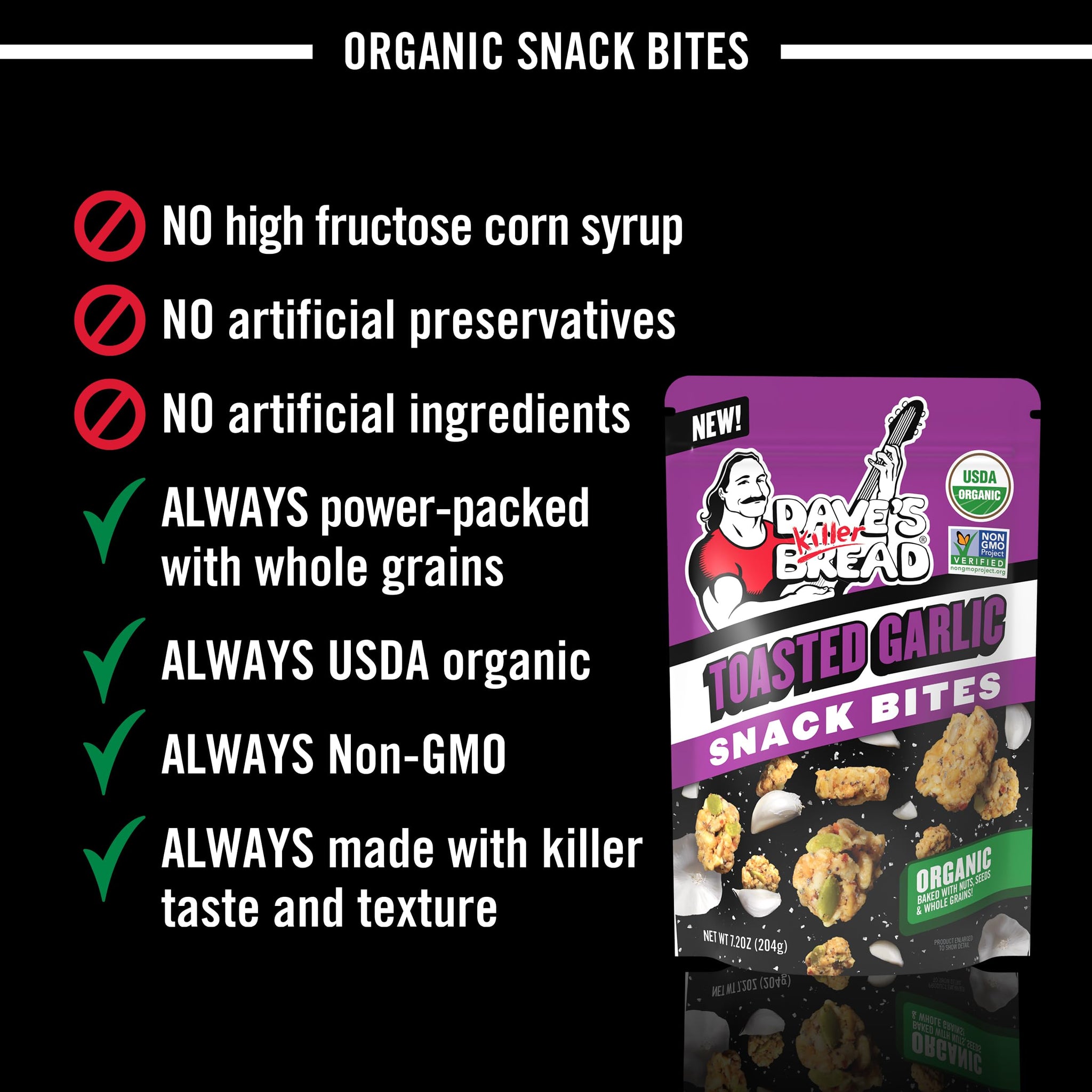Dave's Killer Bread Toasted Garlic Organic Snack Bites, Garlic Organic Snacks, 7.2 oz