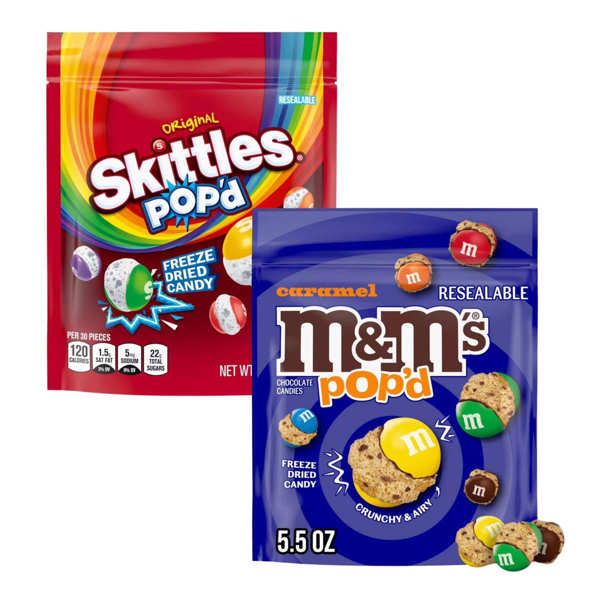ASSORTIT X SKITTLES & M&M’S COLLAB Freeze Dried Candy 2 Pack Crunchy Airy Skittles POPD and M&M’s POP’d Caramel Snack Assortment 5.5 oz Bags