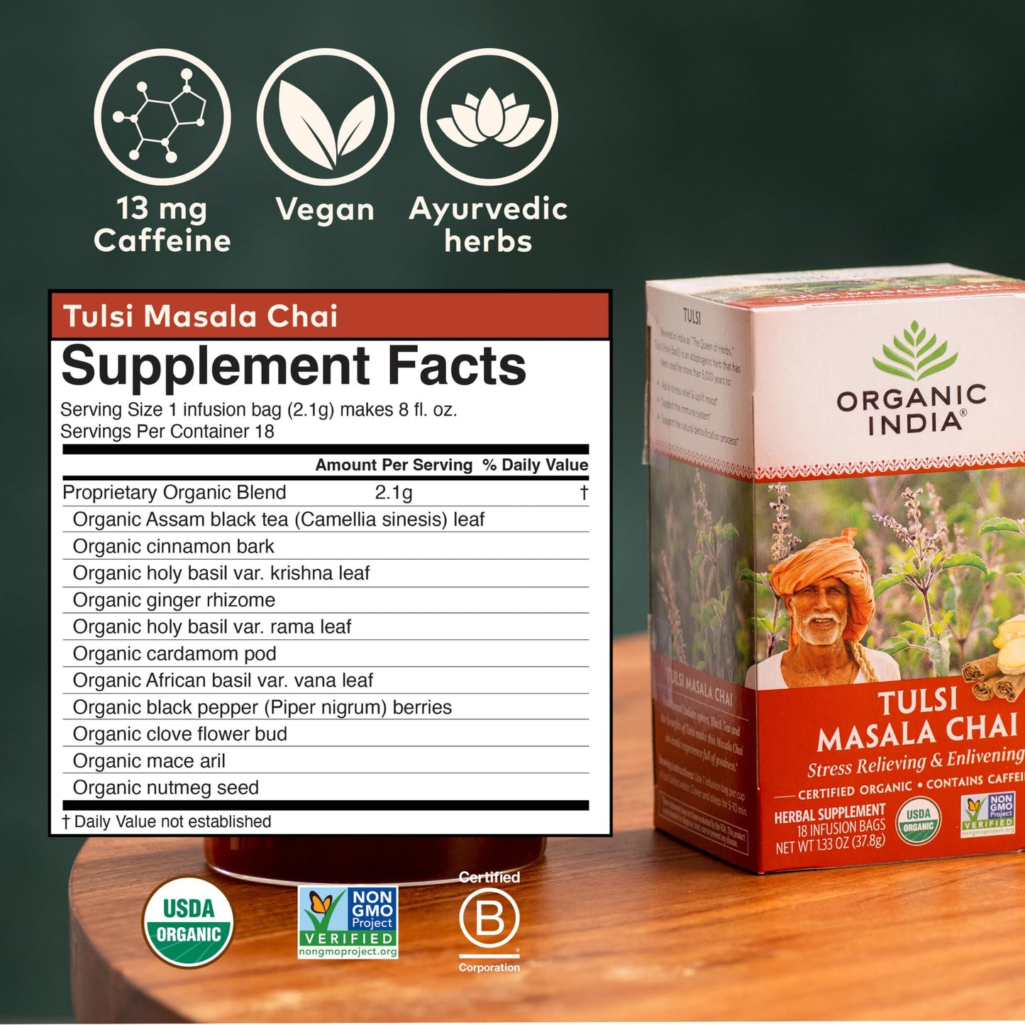 Organic India Tulsi Masala Chai Tea Bags - Holy Basil, Black Tea, Spices with Ginger, Stress Relieving, Immune Support, USDA Certified Organic
