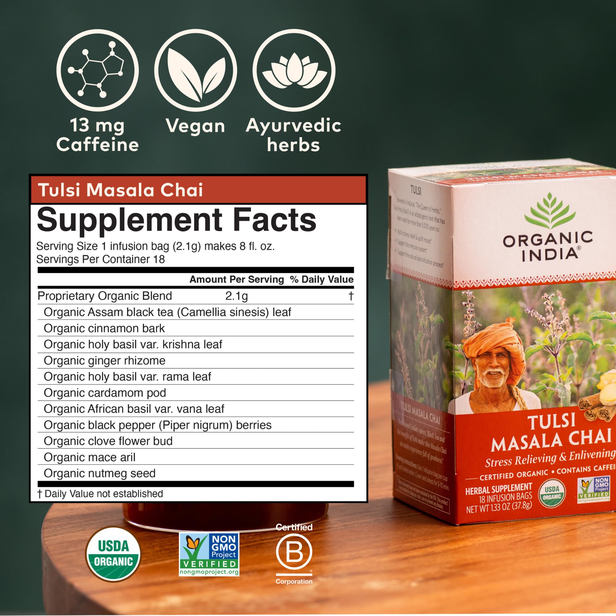 Organic India Tulsi Masala Chai Tea Bags - Holy Basil, Black Tea, Spices with Ginger, Stress Relieving, Immune Support, USDA Certified Organic