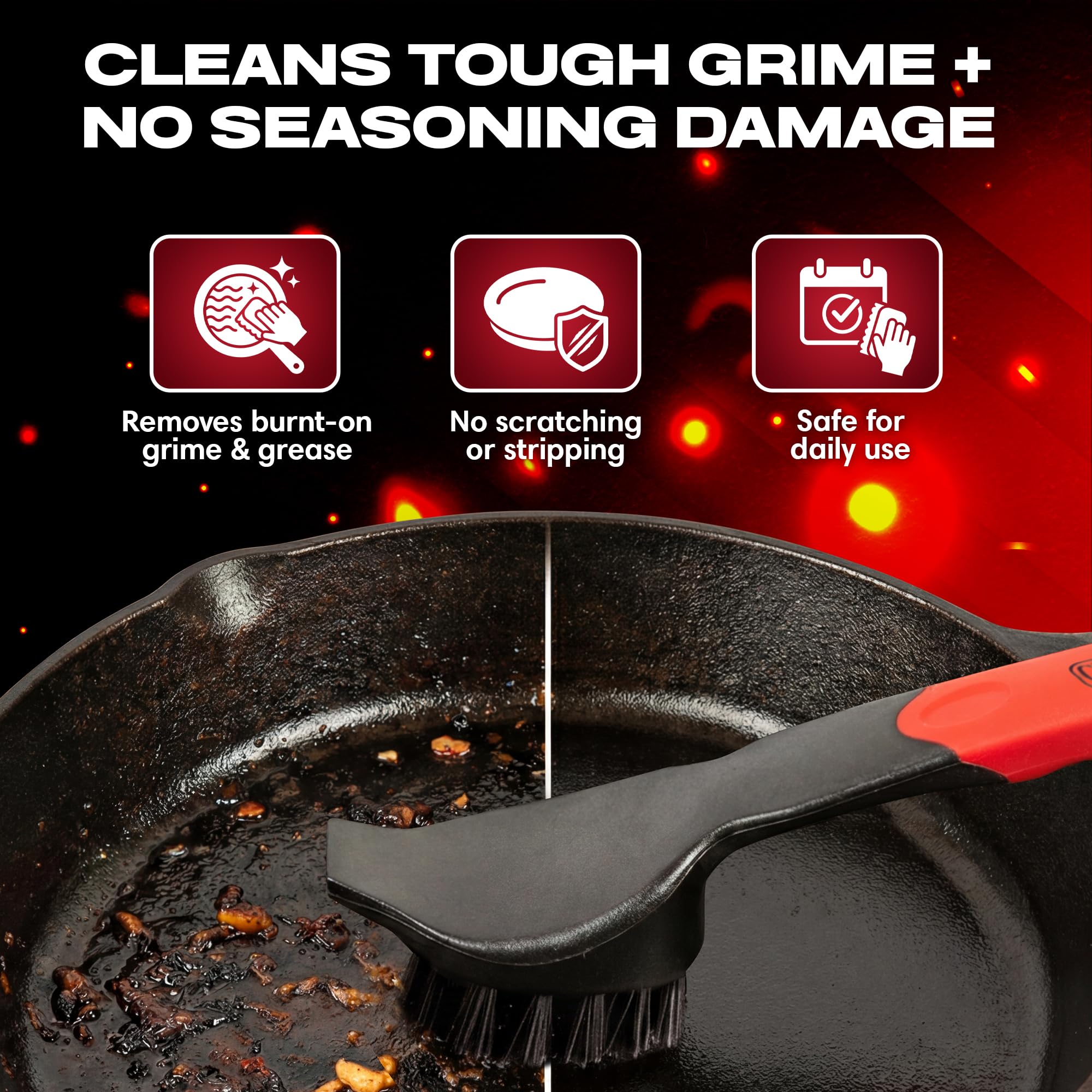 Cast Iron Scrub Brush with Heavy Duty Scraper - Nylon Bristles Dish Scrubber for Pans, Skillets and Woks - Kitchen Cleaner Removes Grime, Grease, Food