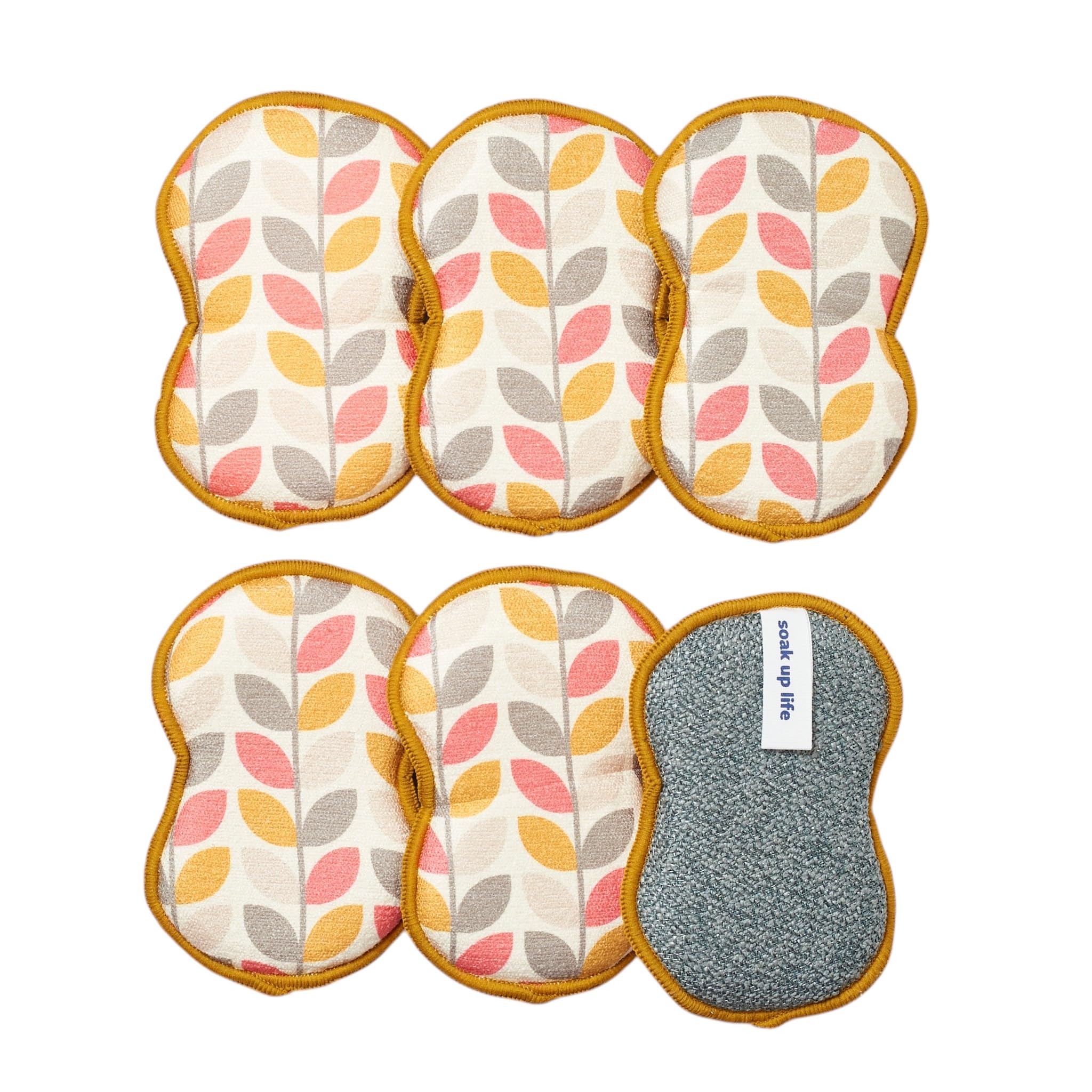 Bright Habits Sponge Set in Geo Leaf Gold, 6 Pack Super Absorbent Washable Reusable Cleaning Sponges Made from Recycled Materials, Durable Eco