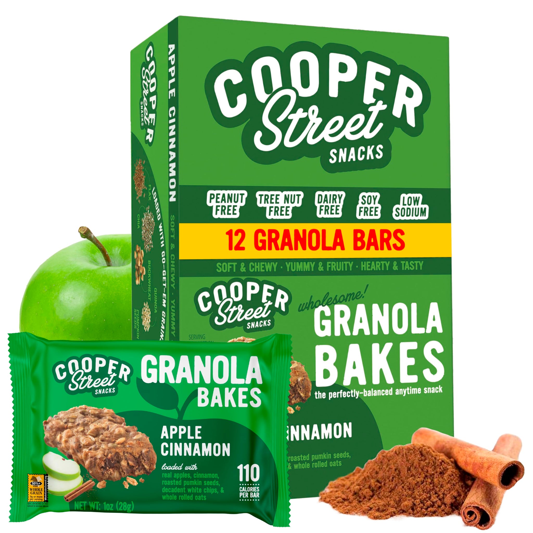 Cooper Street Granola Bakes Apple Cinnamon - Soft Baked Chewy Breakfast Granola Cookie Bars - Nut & Dairy Free School Safe Grain & Seeds Bars - 110