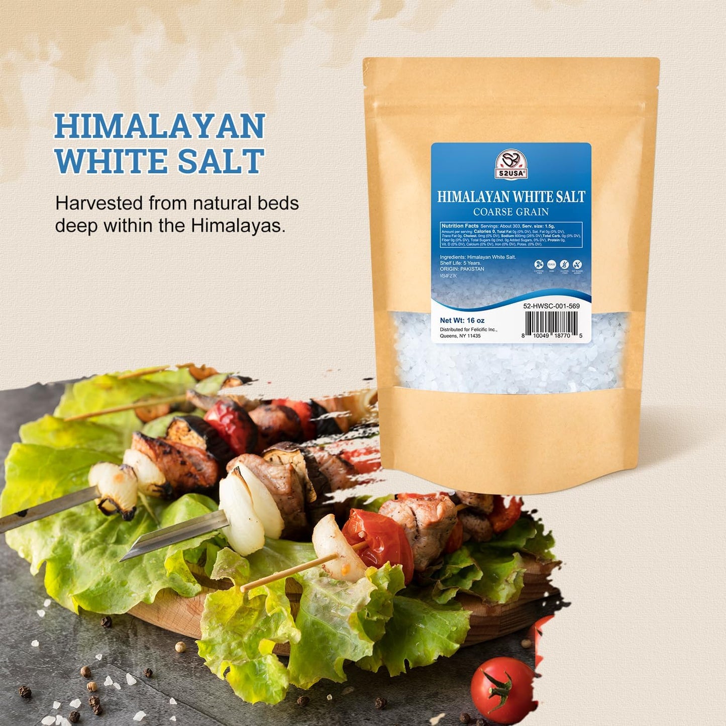 52USA Himalayan White Salt, Coarse Salts 16 oz*40 (1 Pound*40), Salt for Grinder Refill, Non-GMO, Kosher, All Natural, 1 Box