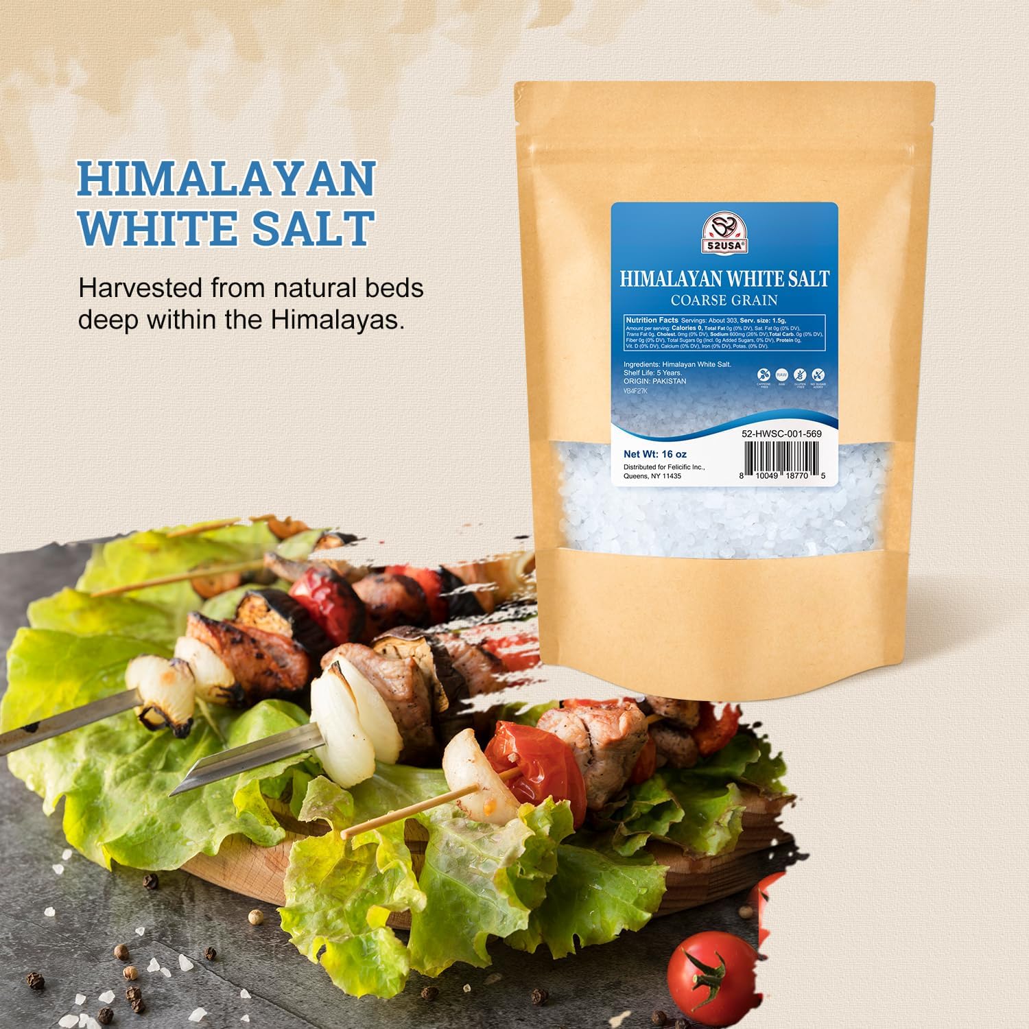52USA Himalayan White Salt, Coarse Salts 16 oz*40 (1 Pound*40), Salt for Grinder Refill, Non-GMO, Kosher, All Natural, 1 Box
