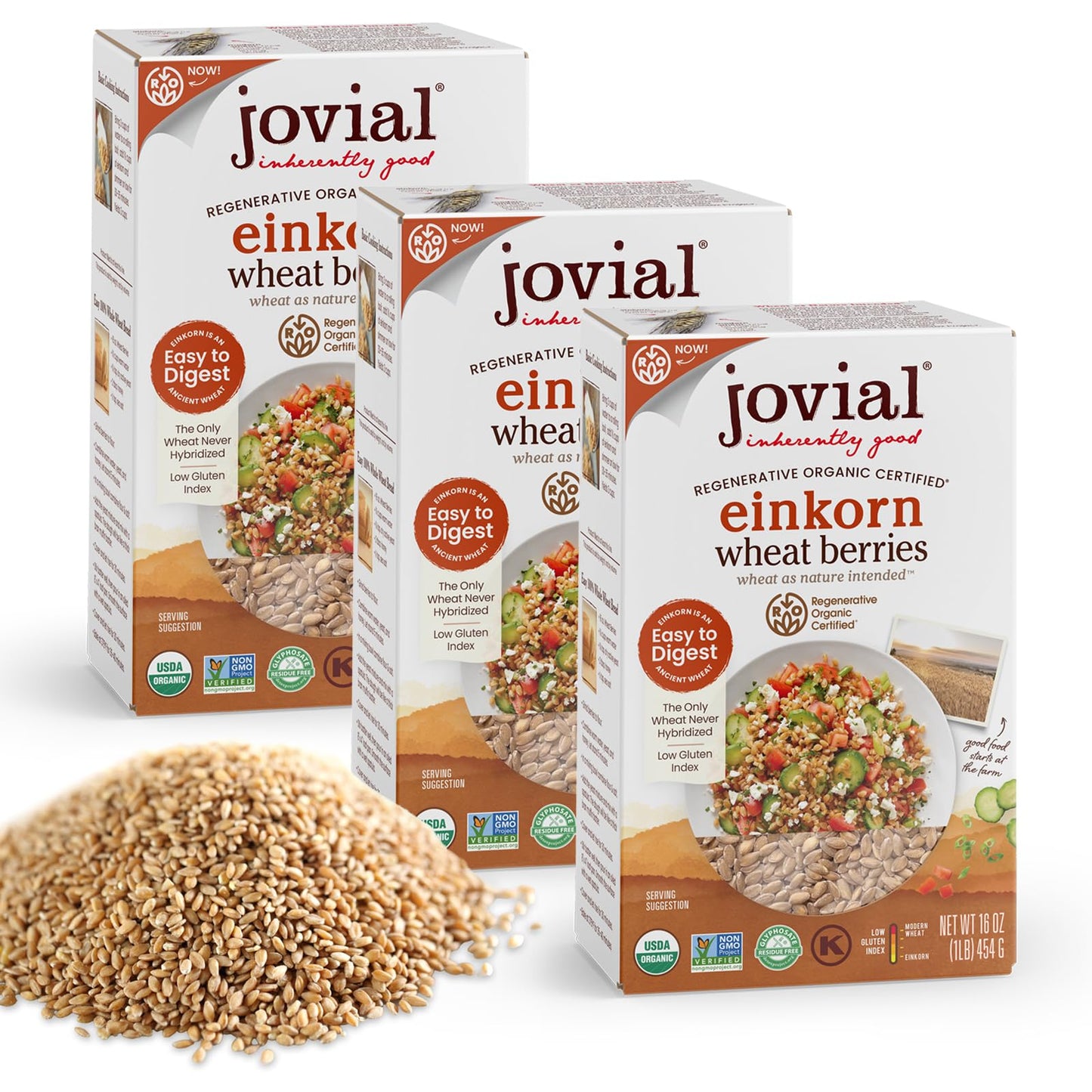 Jovial Einkorn 100% Organic Wheat Berries - Einkorn Berries, Organic Farro, High Protein, Non-GMO, USDA Certified, Lower Carb, Whole Grain, Product of Italy - 16 Oz, 3 Pack