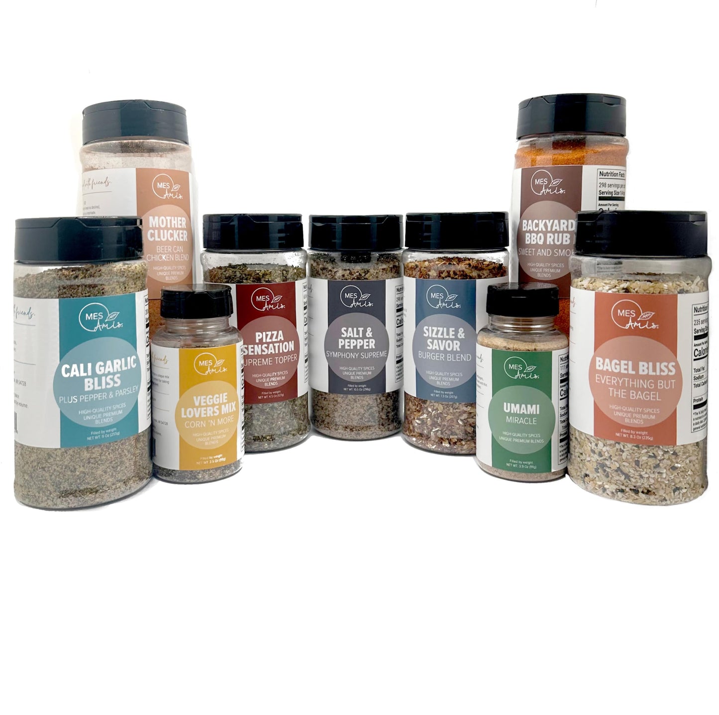 MES Amis Ultimate 9-Pack - Gourmet Blends & All-Purpose Seasoning Collection | Sizzle & Savor Burger Blend (7.3 ounces) + Pizza Sensation Supreme
