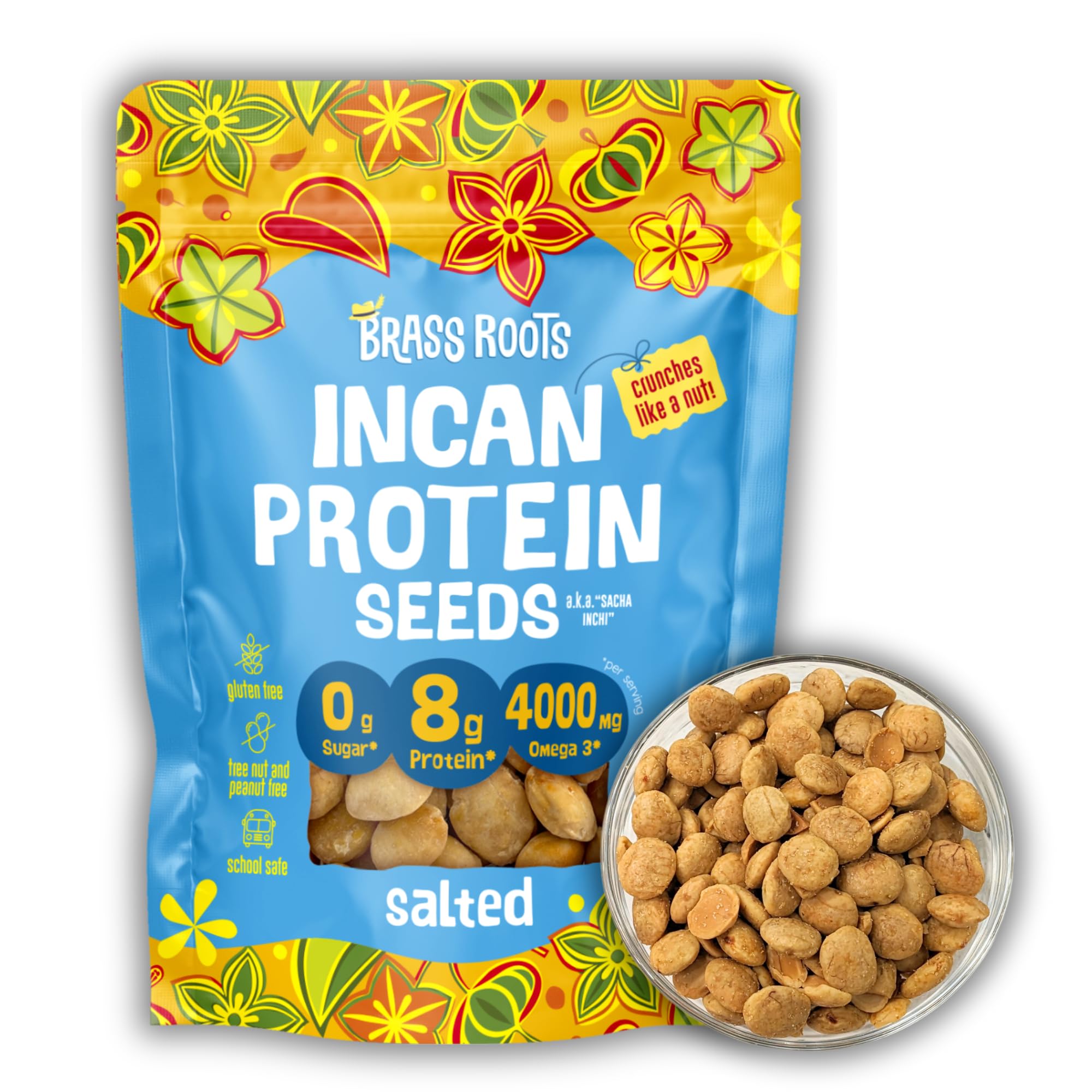 Brass Roots Organic Incan Protein Seeds - Salted - 10 oz, High Protein, School Safe, Nut Free, High Omega 3, Supports Gut Health, Good Source