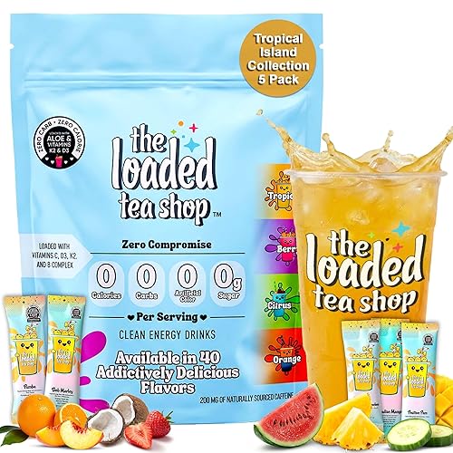 The Loaded Tea Shop Energy Drink Mix Sticks, Tropical Island Collection 5 Pack, Sugar-Free, Zero Calories, 200mg Natural Caffeine, No Artificial