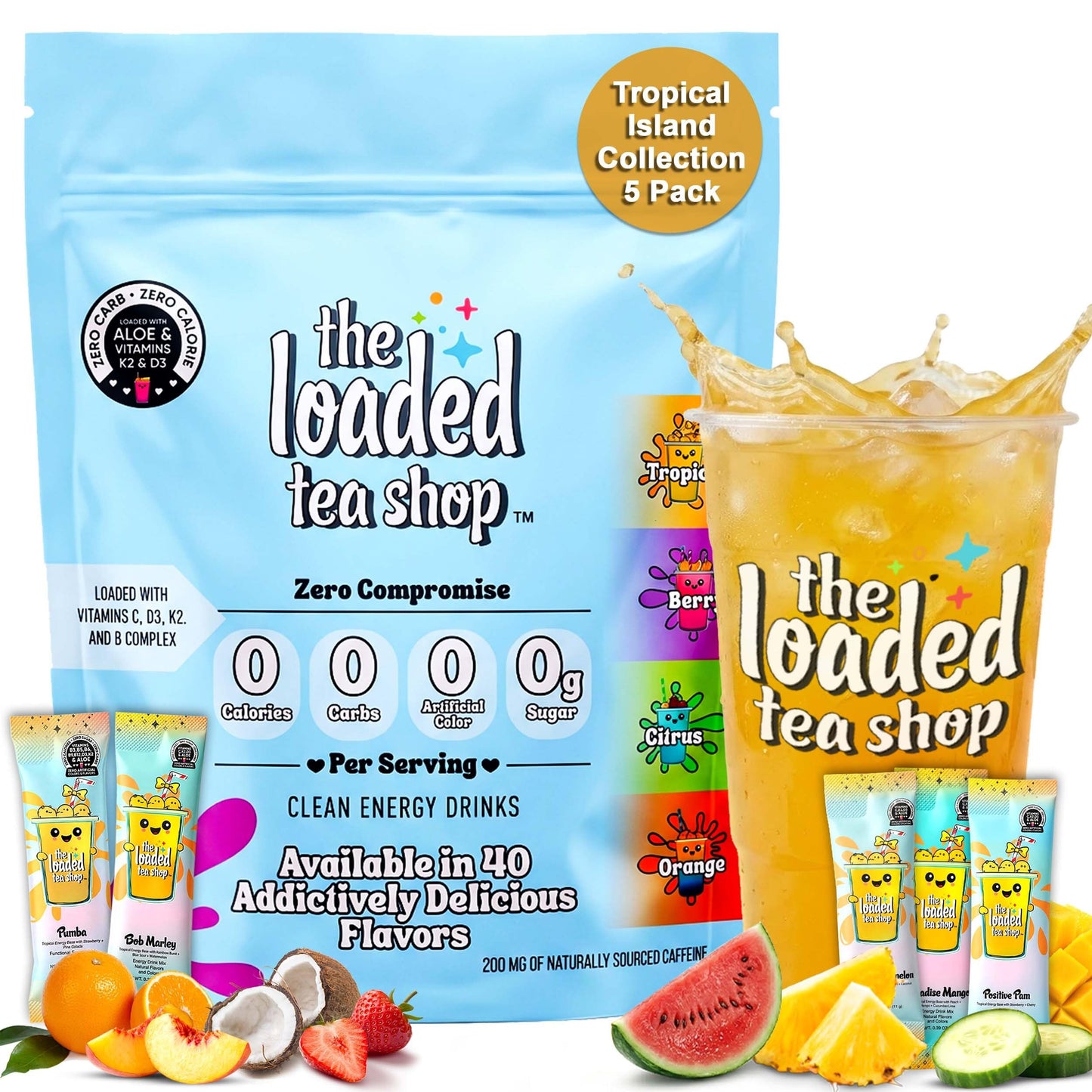 The Loaded Tea Shop Energy Drink Mix Sticks, Tropical Island Collection 5 Pack, Sugar-Free, Zero Calories, 200mg Natural Caffeine, No Artificial