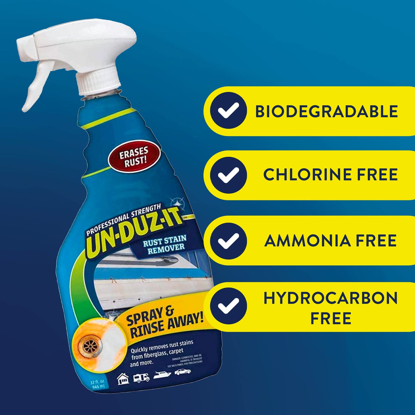UN-DUZ-IT Legend Brands Rust Stain Remover Spray – Fiberglass Stain Remover - Carpet, RV, Boat – Biodegradable Cleaner, 32 Fl. Oz