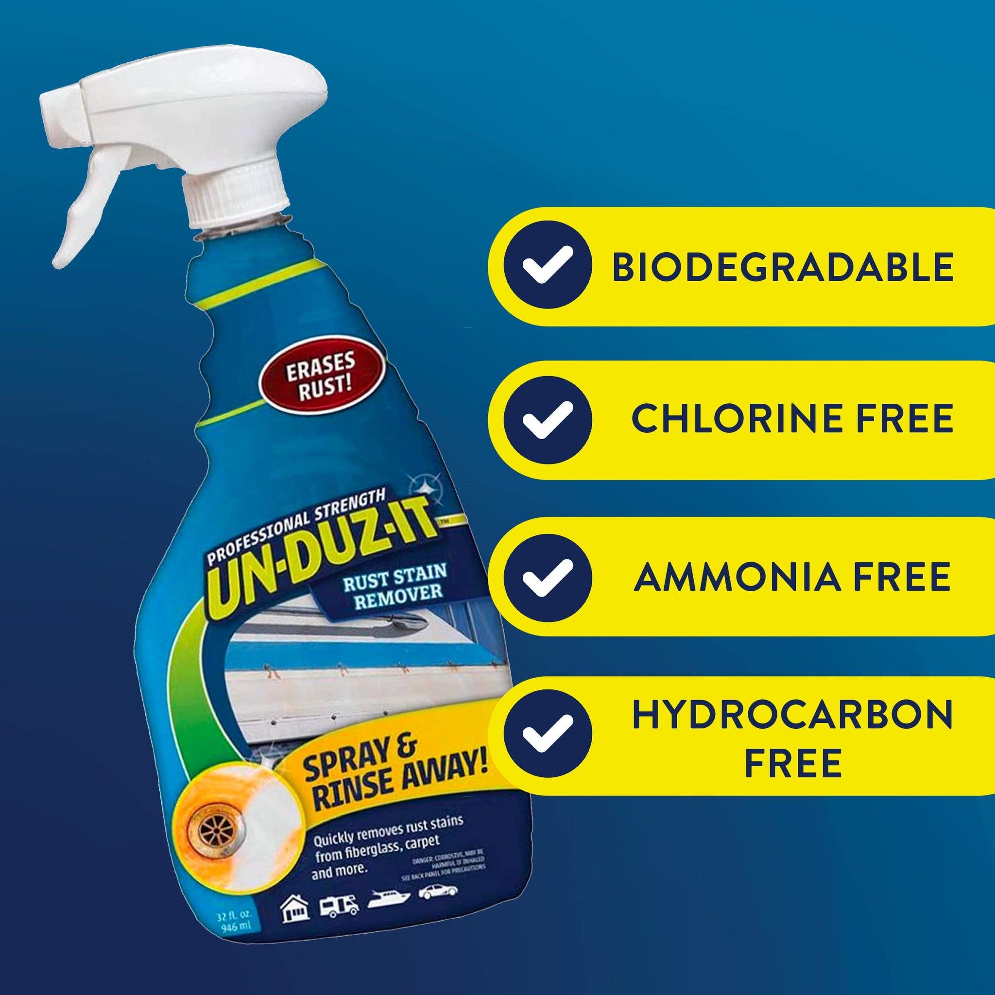 UN-DUZ-IT Legend Brands Rust Stain Remover Spray – Fiberglass Stain Remover - Carpet, RV, Boat – Biodegradable Cleaner, 32 Fl. Oz
