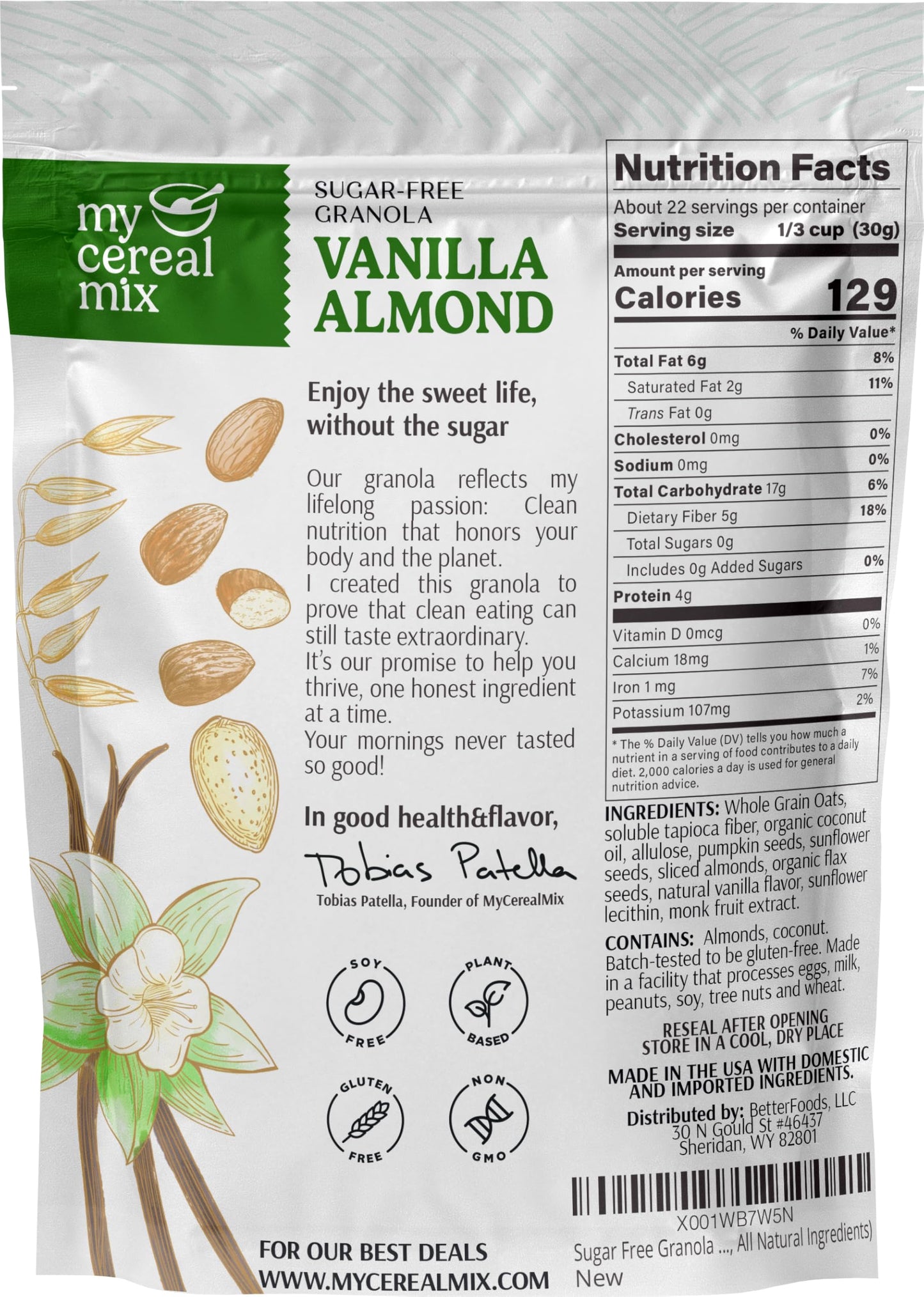 MyCerealMix Vanilla Almond Sugar-Free Granola, 24 oz - Keto & Diabetic-Friendly, Plant-Based, No Added Sugar, Gluten-Free, High Fiber, Allulose & Monk