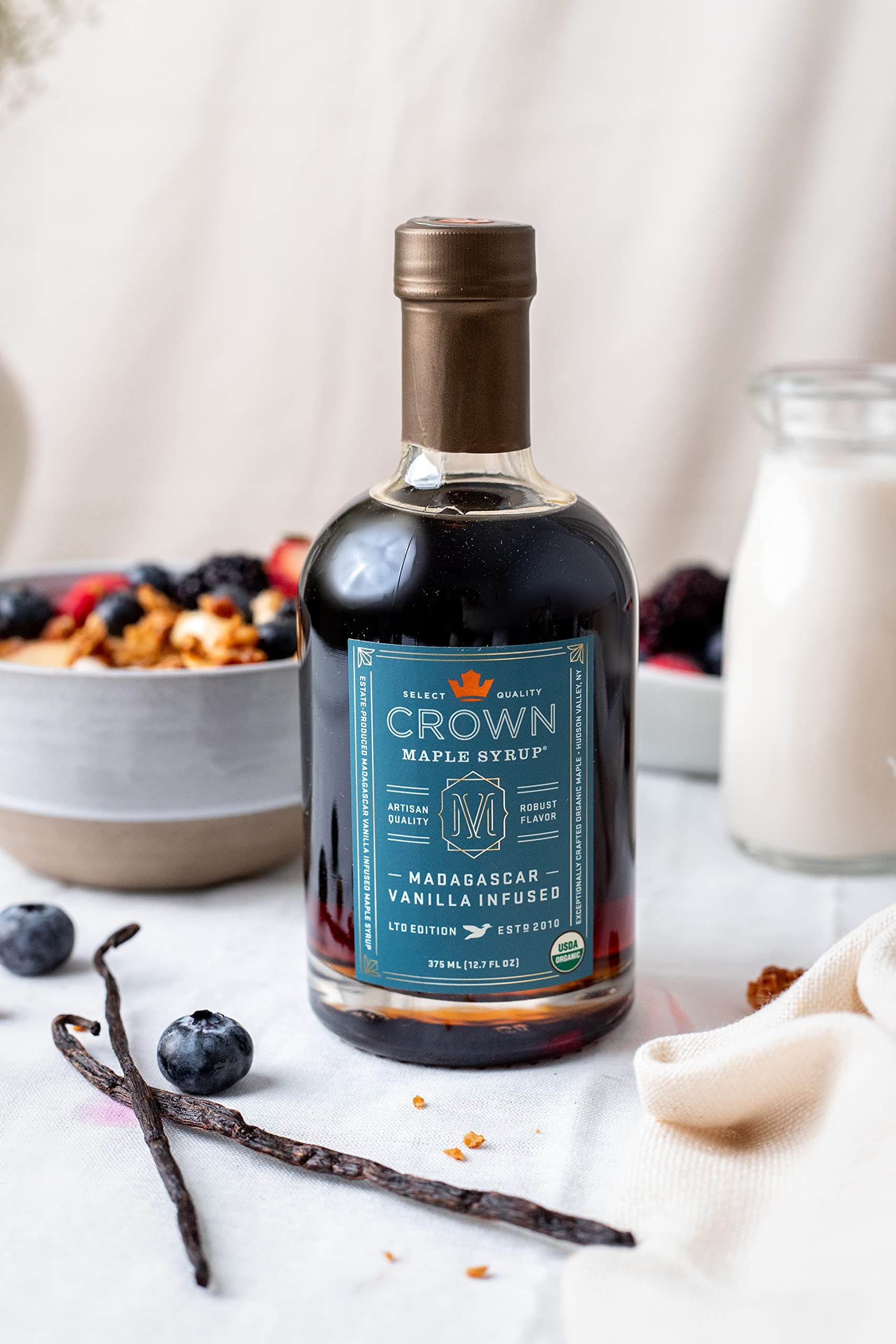Crown Maple Certified Organic Madagascar Vanilla Infused Maple Syrup, Pure, Gluten Free, No Preservatives, Non-GMO Pairs well with Pancakes, Coffee