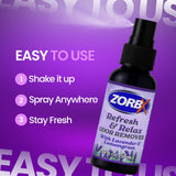 ZORBX Refresh & Relax 2 Oz Odor Remover Spray with Lavender & Lemongrass - Permanent Solution Room Freshener & Air Freshener Spray for Home, Bathroom