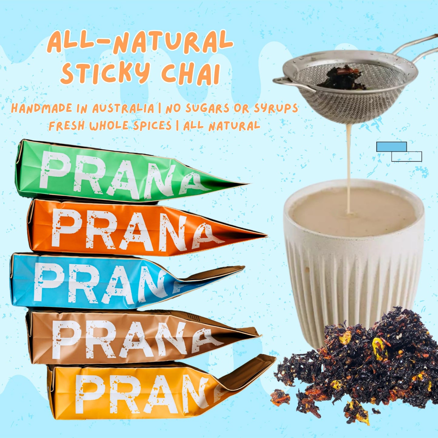 Prana Chai Masala Blend 250 gram + Fine Mesh Tea Strainer. Brew Chai and Strain at home with included 3 inch fine mesh strainer