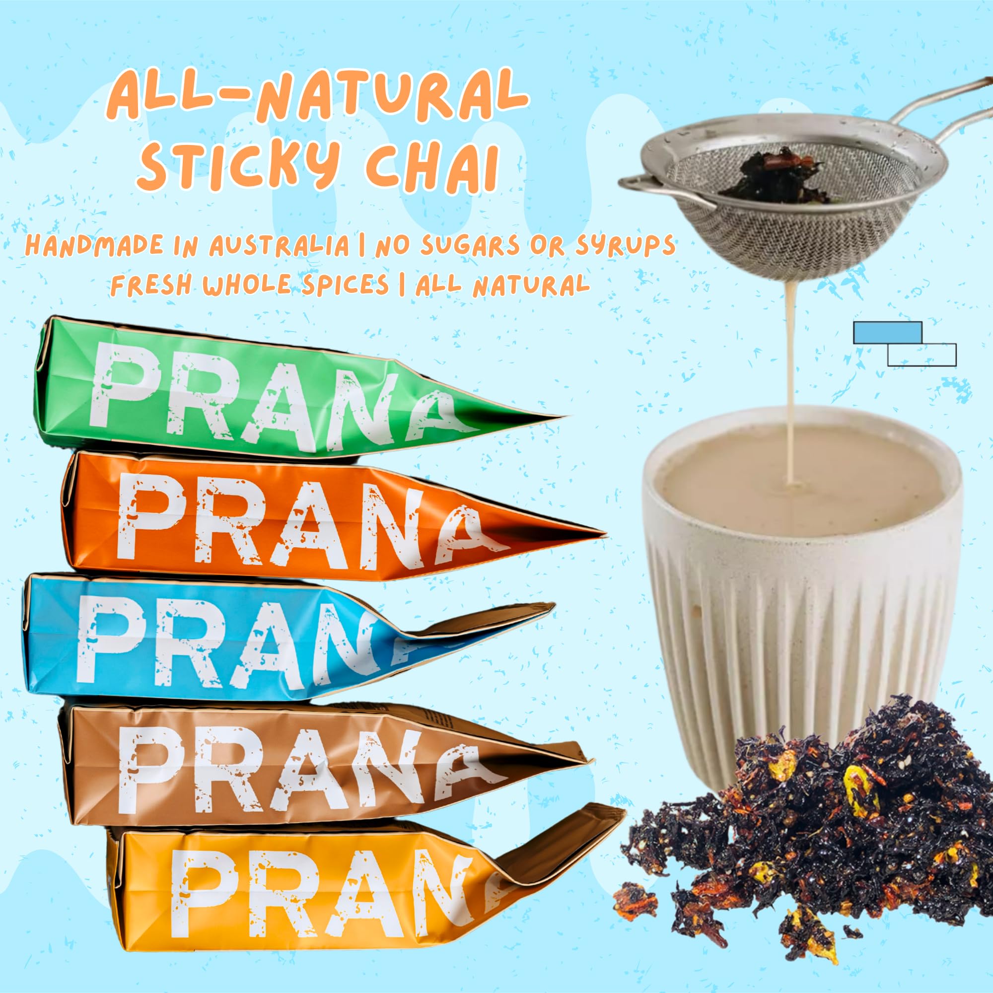 Prana Chai Masala Blend 250 gram + Fine Mesh Tea Strainer. Brew Chai and Strain at home with included 3 inch fine mesh strainer