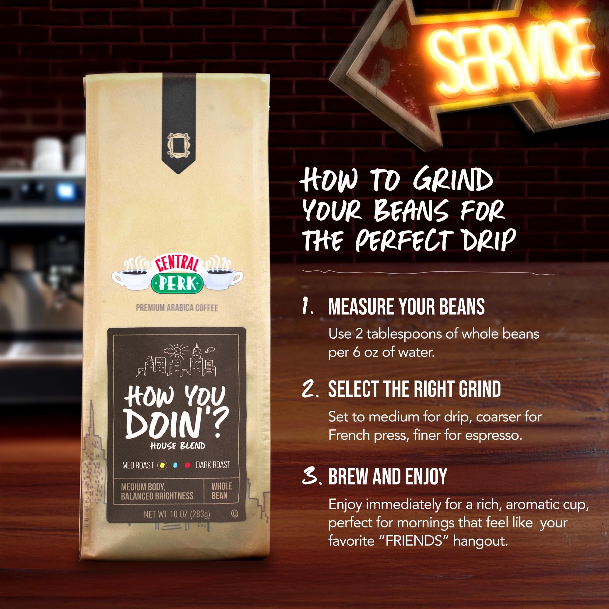 Central Perk Medium Roast Whole Bean Coffee "How You Doin" Blend - 100% Arabica Colombian & Brazilian Coffee Beans with Subtle Chocolate & Honey