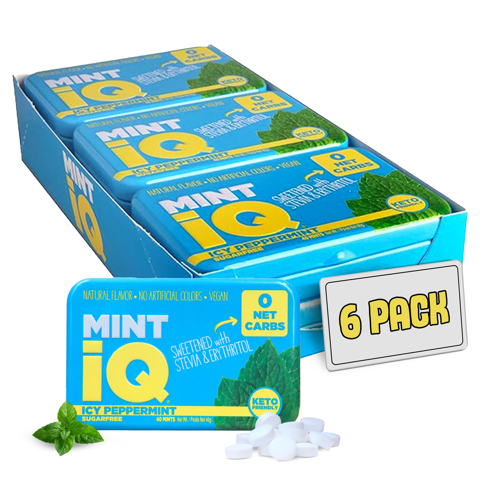 Big Sky MINT iQ Icy Peppermint Mint Candy 40 grams Pack of 6 Tins in Display Tray - Travel Size Mint Candies Tin - Keto Friendly, Vegan & Natural