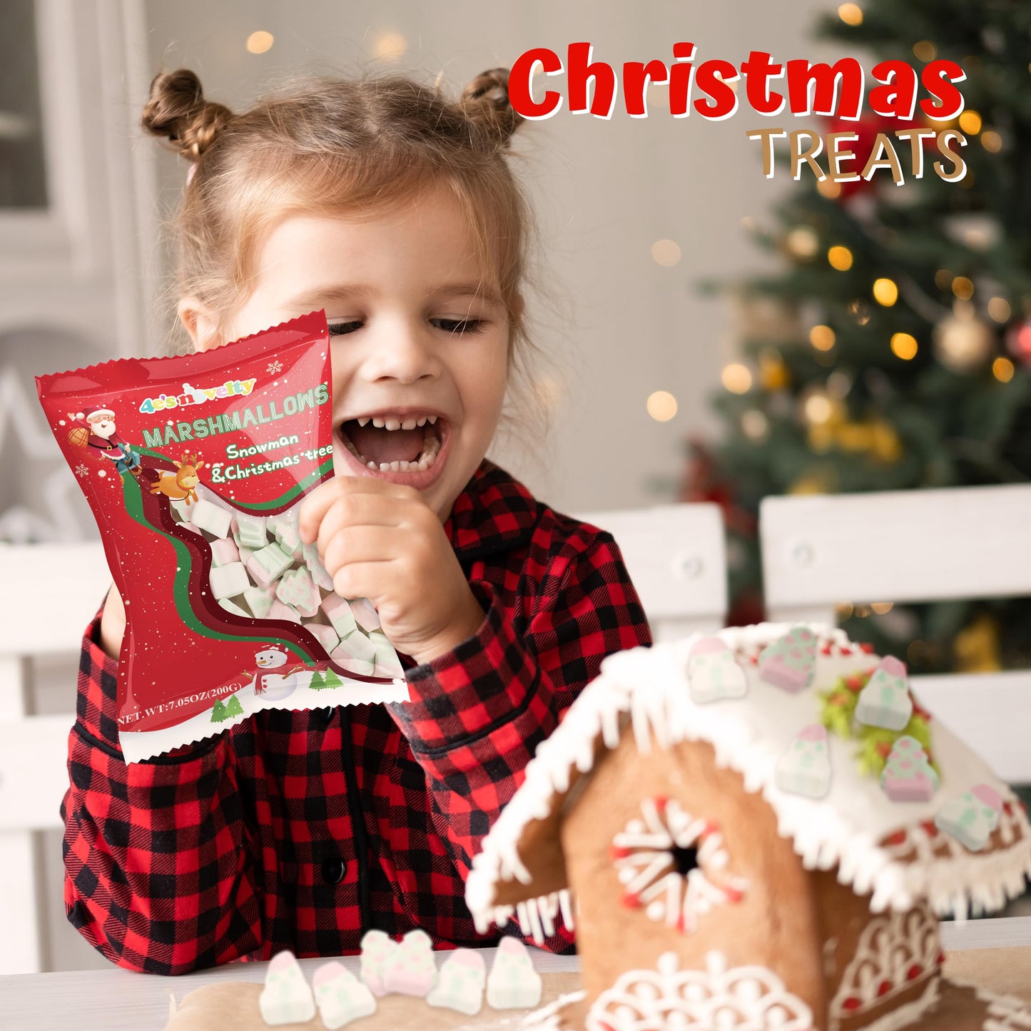 4E's Novelty Sweet Christmas Marshmallow Soft Candy Treats 65pcs (200gram) Bulk Snowman & Santas Shapes, Christmas Candy Stocking Stuffers Snacks