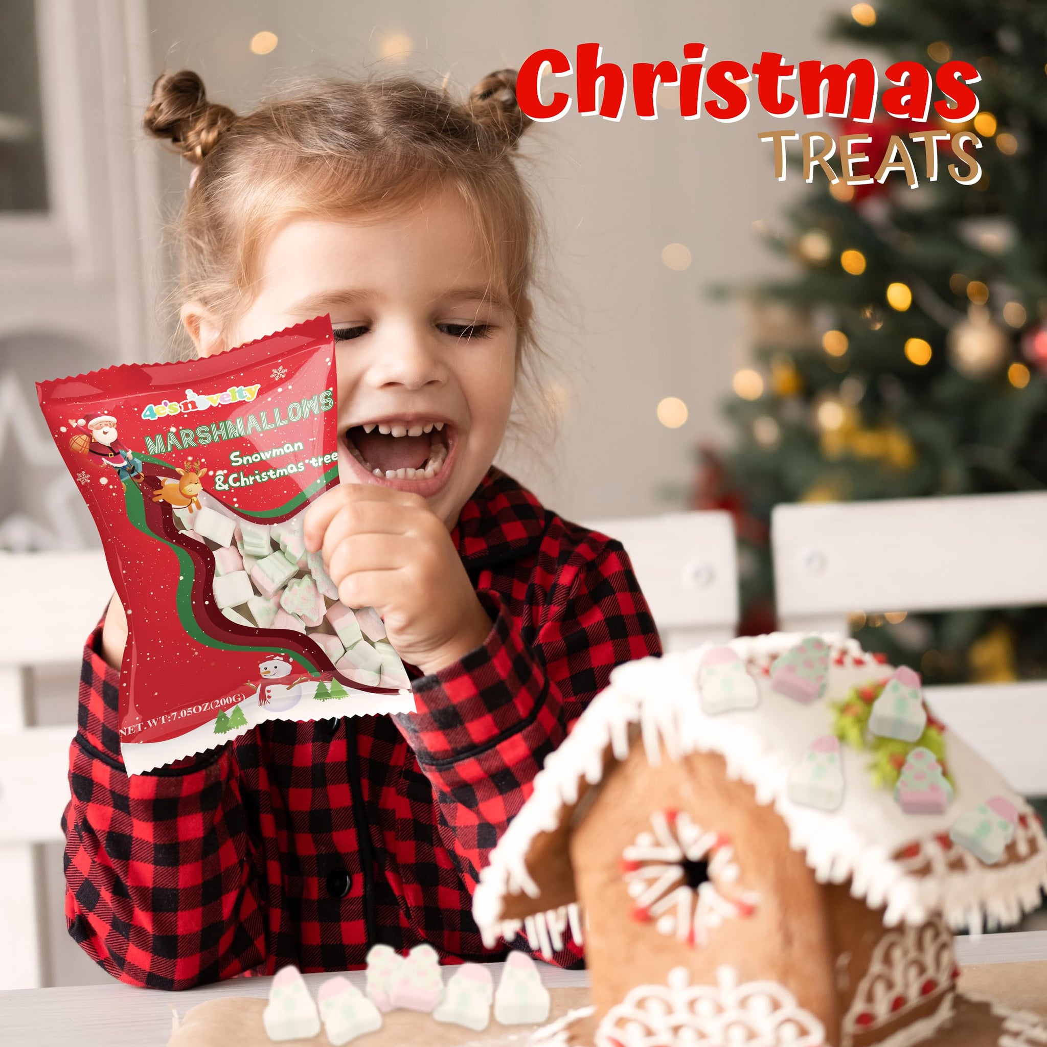 4E's Novelty Sweet Christmas Marshmallow Soft Candy Treats 65pcs (200gram) Bulk Snowman & Santas Shapes, Christmas Candy Stocking Stuffers Snacks