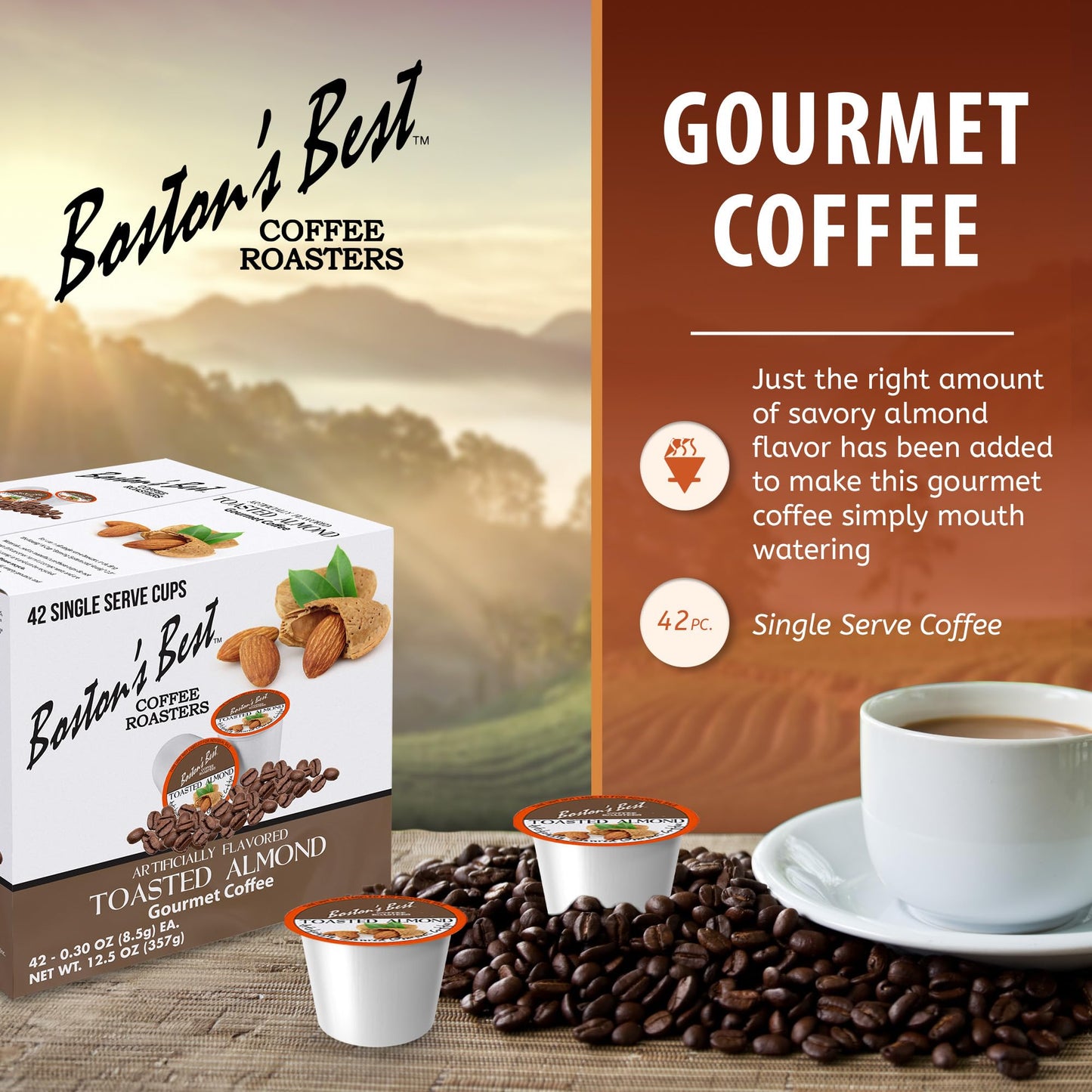 Boston’s Best - Toasted Almond Flavored Delicious Gourmet Coffee Compatible with Keurig Coffee Maker, 1 Count (42 Single Serve Medium Roast Cups)