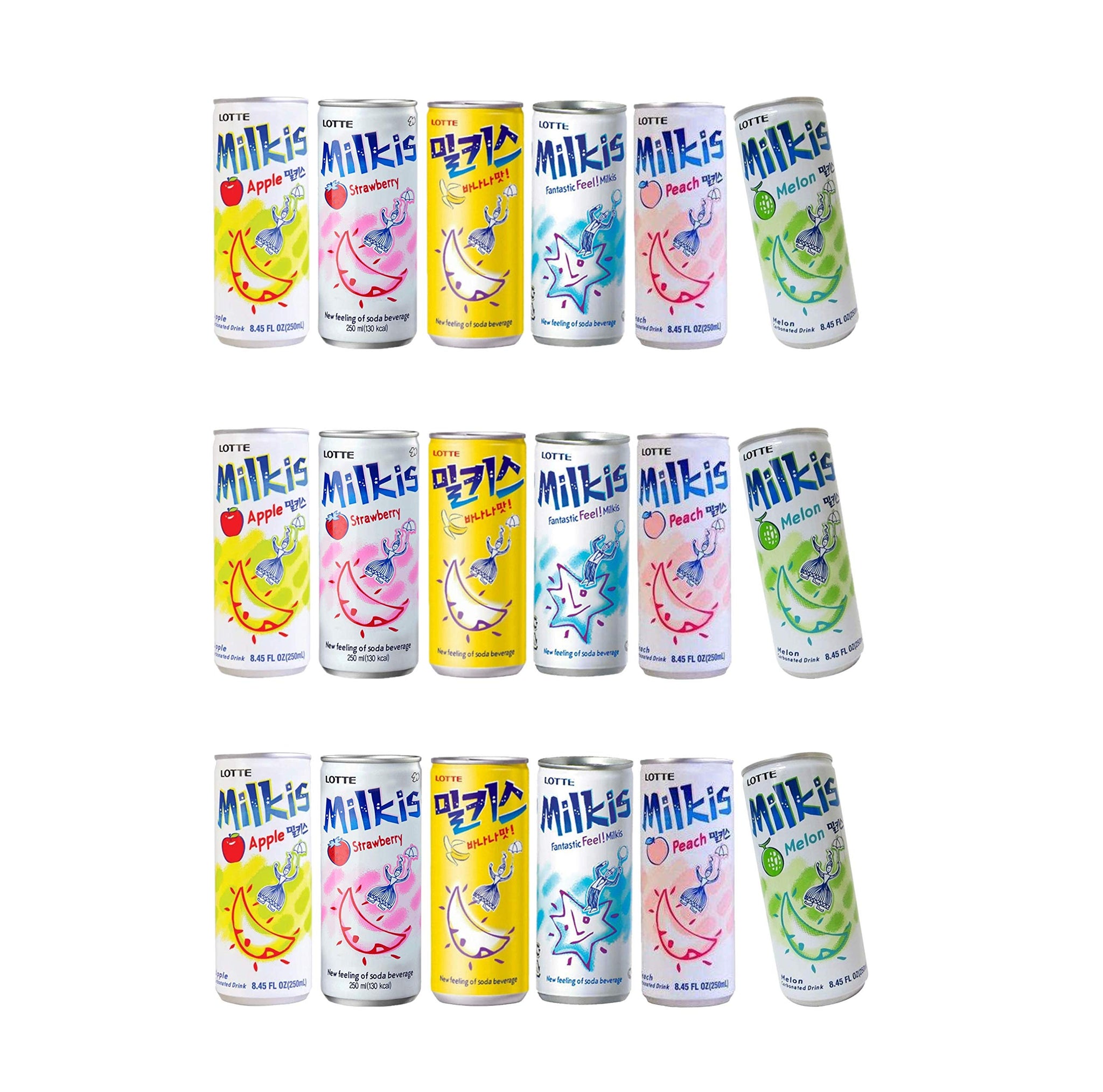Lotte Milkis 6 Flavors Combo (Original, Apple, Melon, Peach, Banana, & Strawberry) (6 x 3 cans, 8.45 FL Oz (Pack of 18))