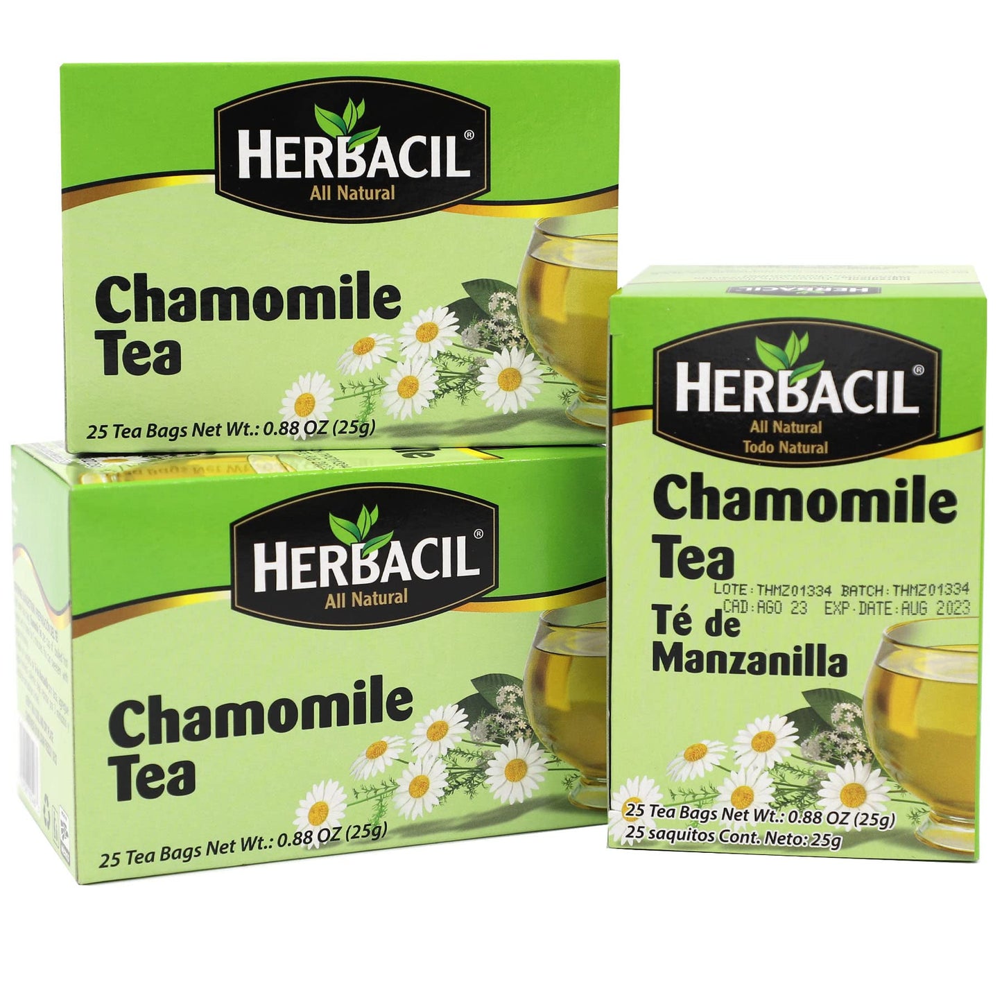 Herbacil Chamomile Tea, Herbal Blend Made with Chamomile Flowers, Caffeine-Free, All Natural, 3-pack of 25 bags per box (75 Tea Bags), 0.88 oz Each