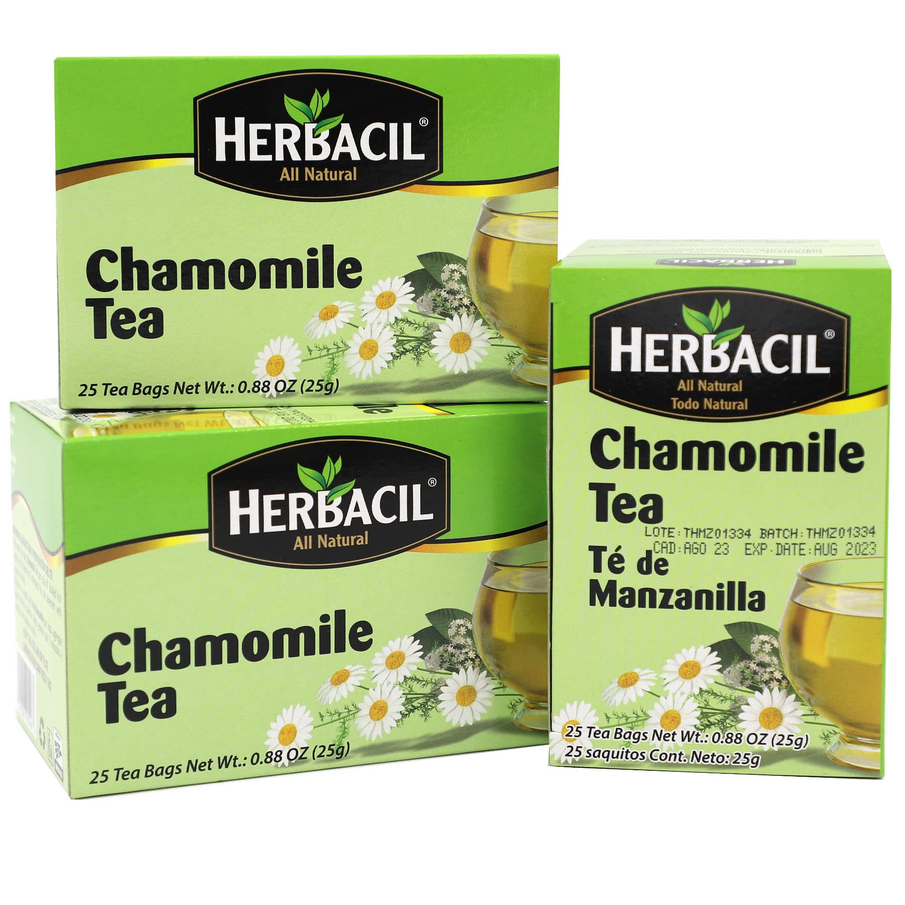 Herbacil Chamomile Tea, Herbal Blend Made with Chamomile Flowers, Caffeine-Free, All Natural, 3-pack of 25 bags per box (75 Tea Bags), 0.88 oz Each