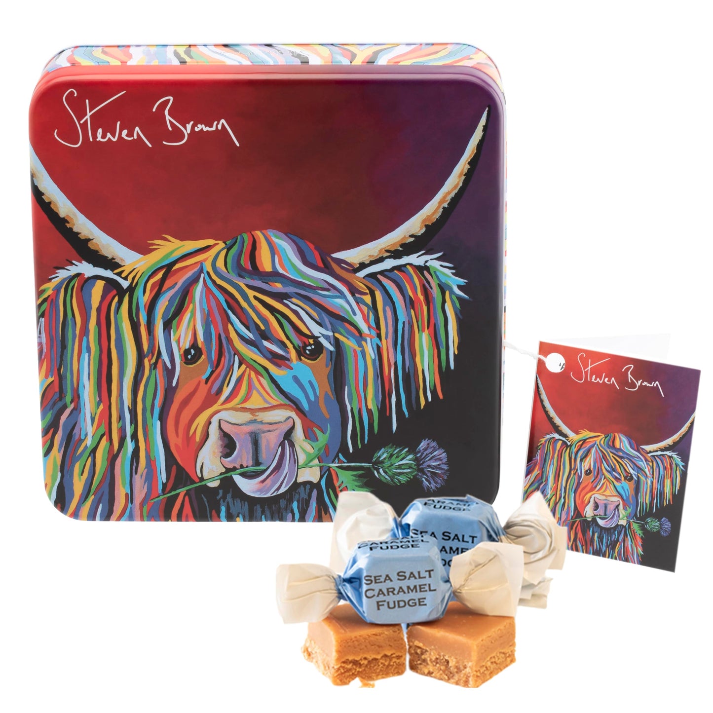 Gardiners of Scotland Handmade Fudge, Steven Brown - Lizzie McCoo Salted Caramel Fudge 7 Ounce Square Tin