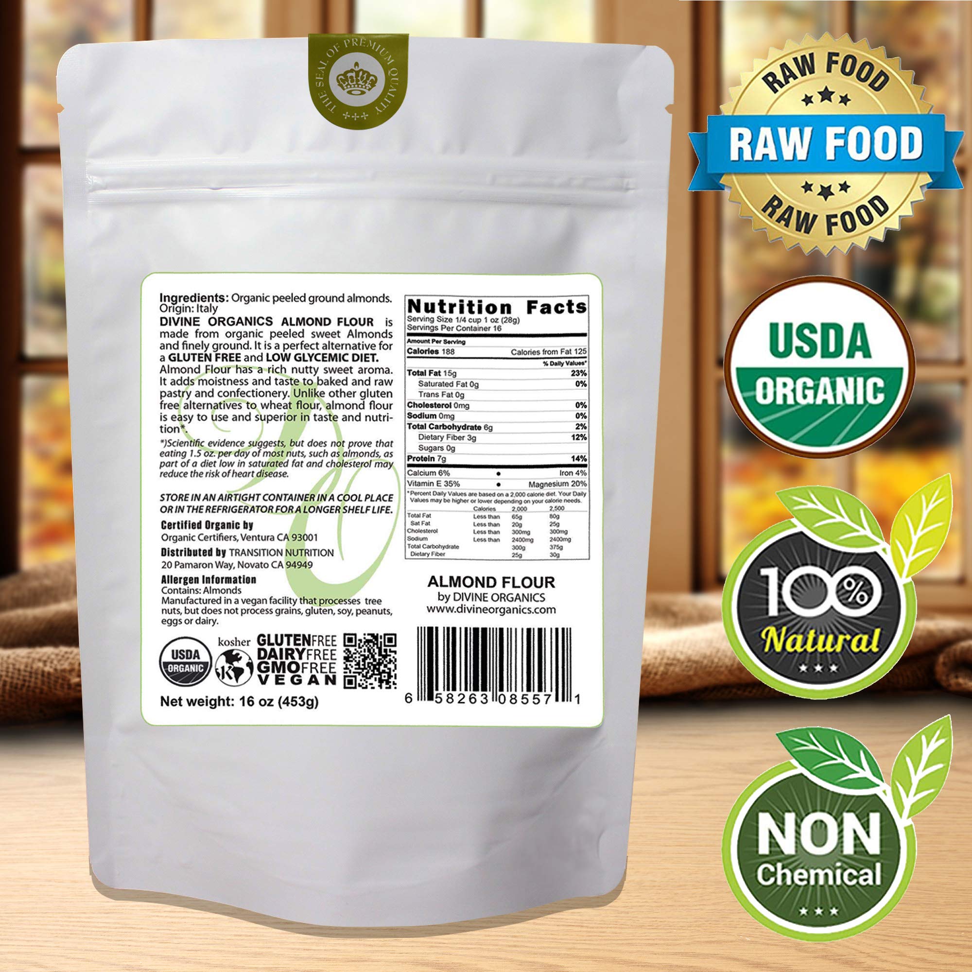 16 oz Organic Almond Flour Powdered Gluten Free Low Glycemic Non-GMO by Divine Organics