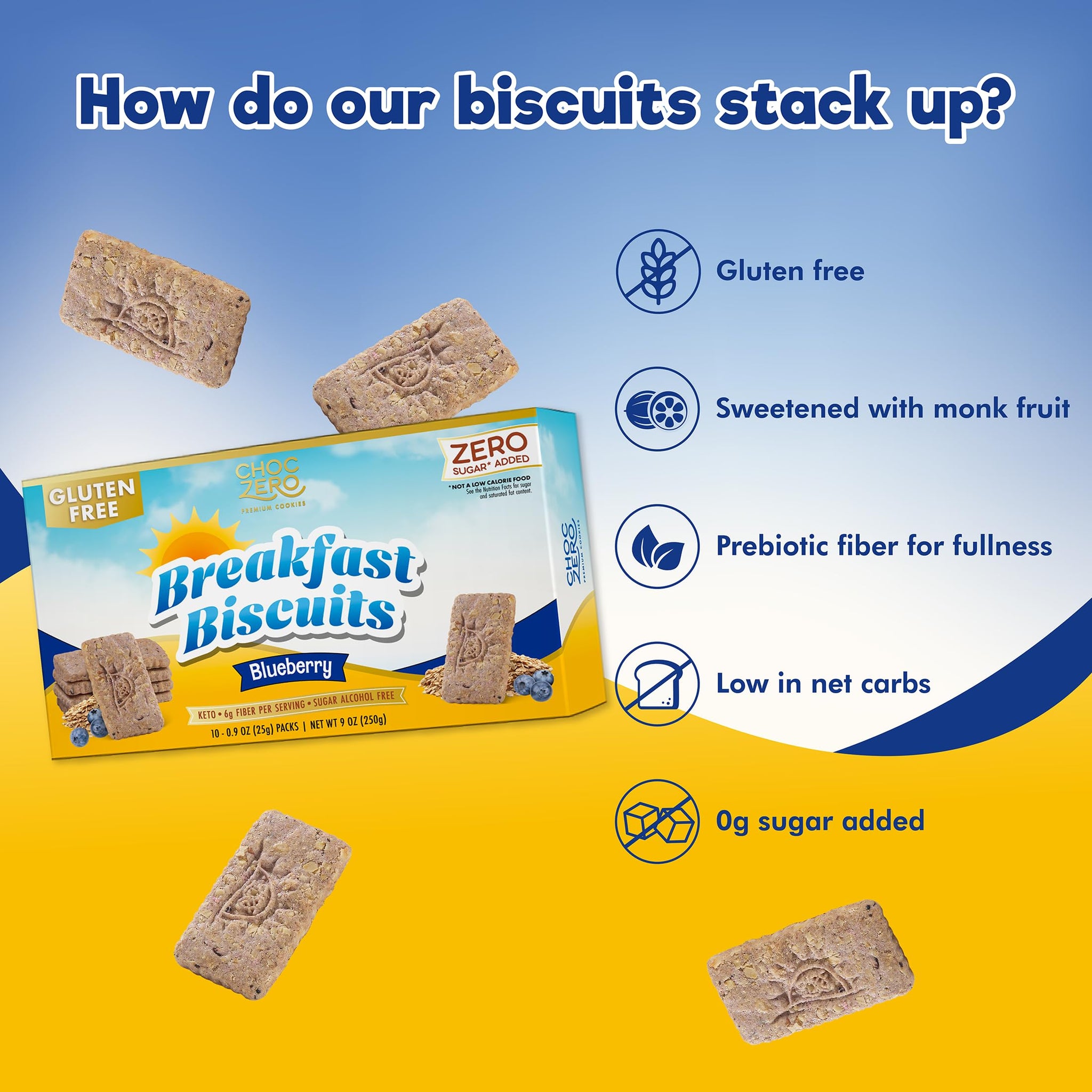 ChocZero Blueberry Breakfast Biscuits, Sugar Free Breakfast Cookies, Gluten Free, No Sugar Alcohols, Keto, High Fiber, 30 Cookies