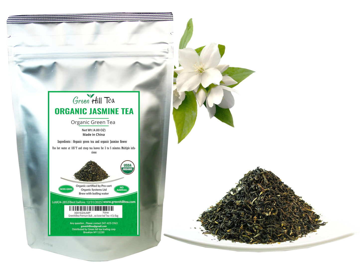 Greenhilltea Premium Bulk Tea, Organic Jasmine Green Tea loose leaf Tea- 4 Oz Bag